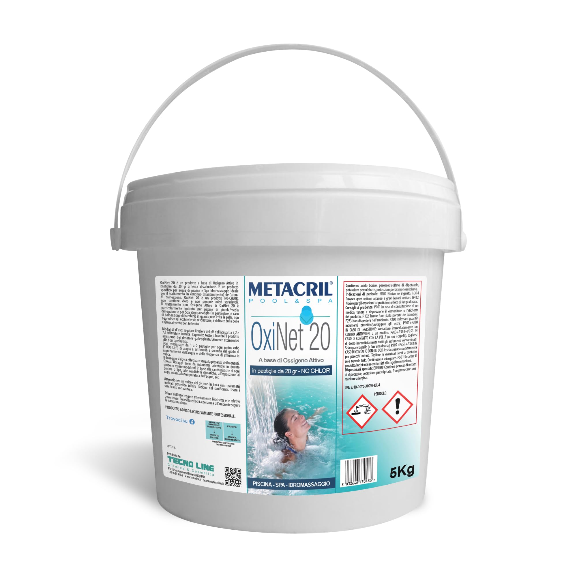 Metacril Oxi Net 20, Oxígeno Activo en tabletas de 20 g, Ideal para Piscinas o jacuzzis - 5 KG