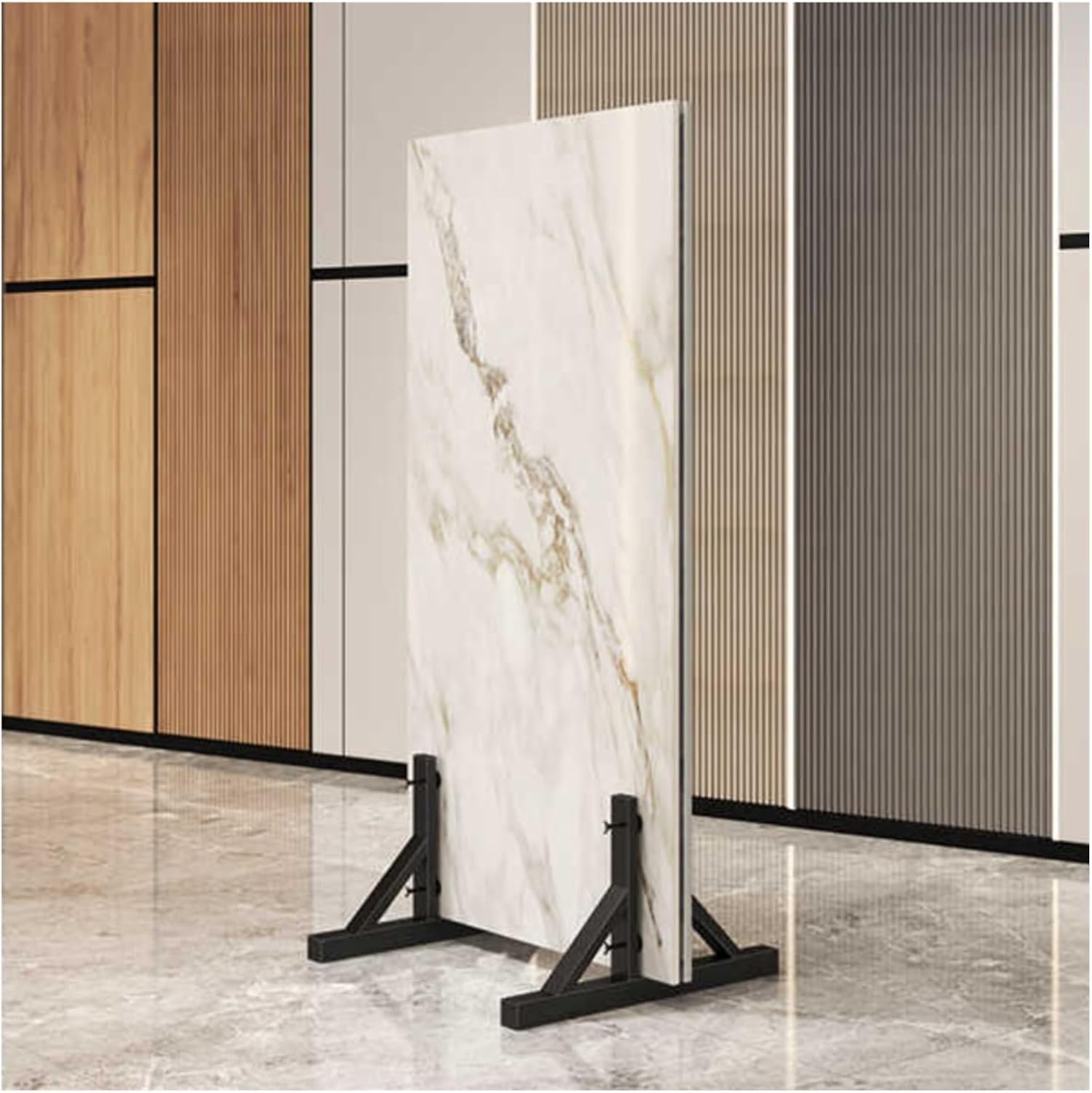 Présentoir de carreaux de sol noirs pour valoriser vos collections de céramiques en showroom