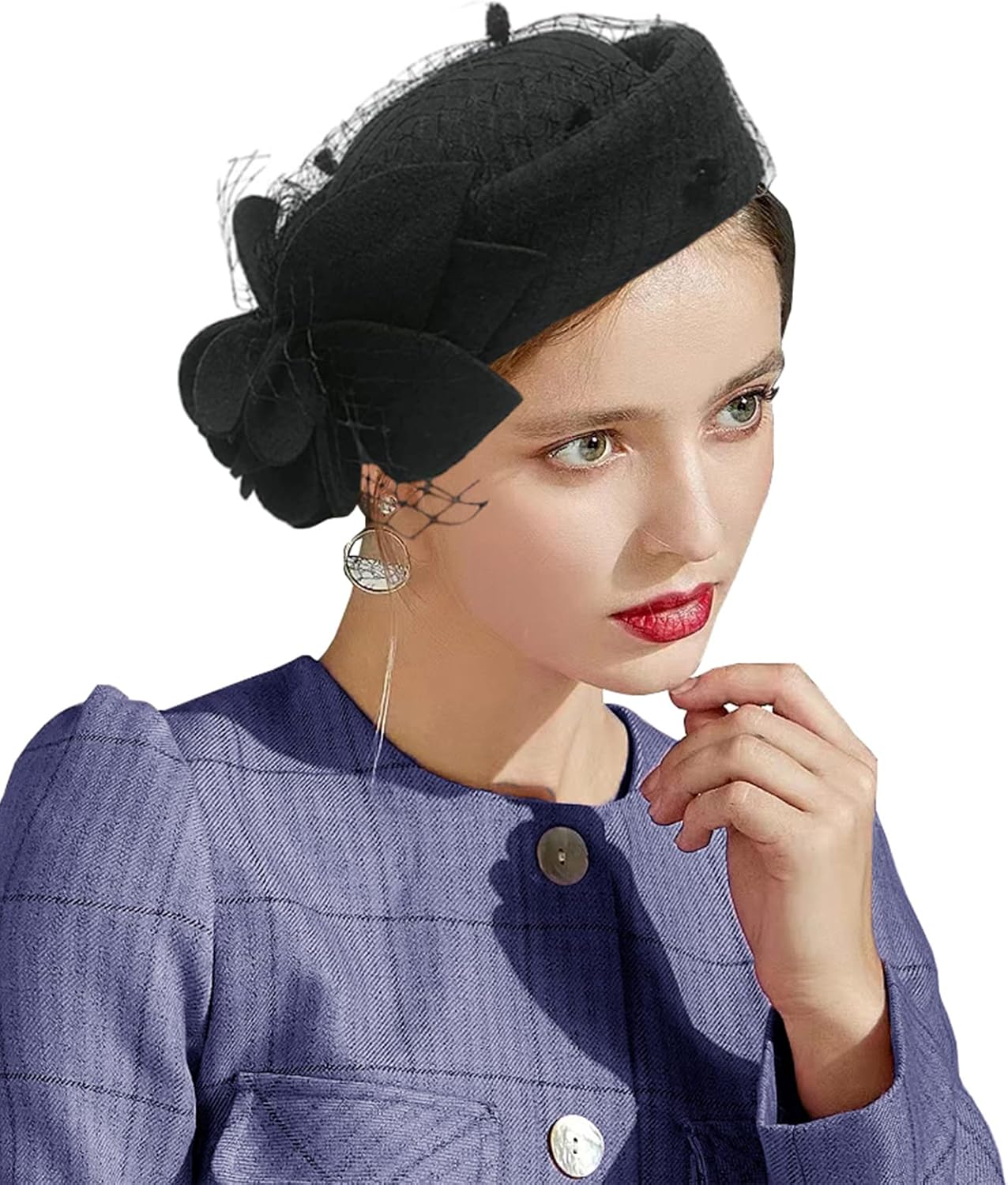 ORIDOOR Women's British Style Pillbox Church Derby Wedding Winter Vintage Fascinator Beret 100% Wool Felt Veil Hat