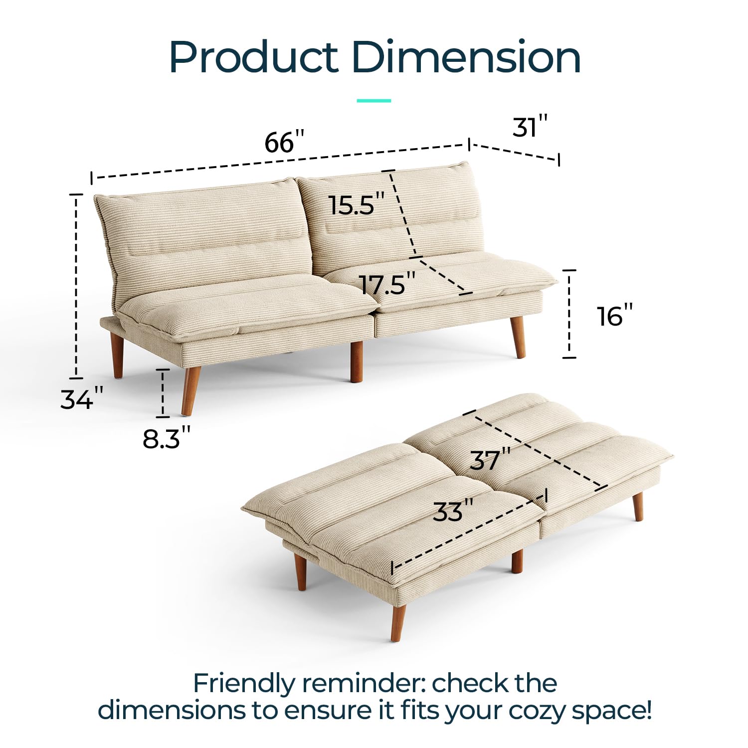 LINSY HOME Futon Sofa Bed - Convertible Corduroy Futon Couch Bed with Adjustable Backrest, Modern Small Loveseat Sleeper Sofa for Small Spaces, Living Room, Apartment or Office (Beige)
