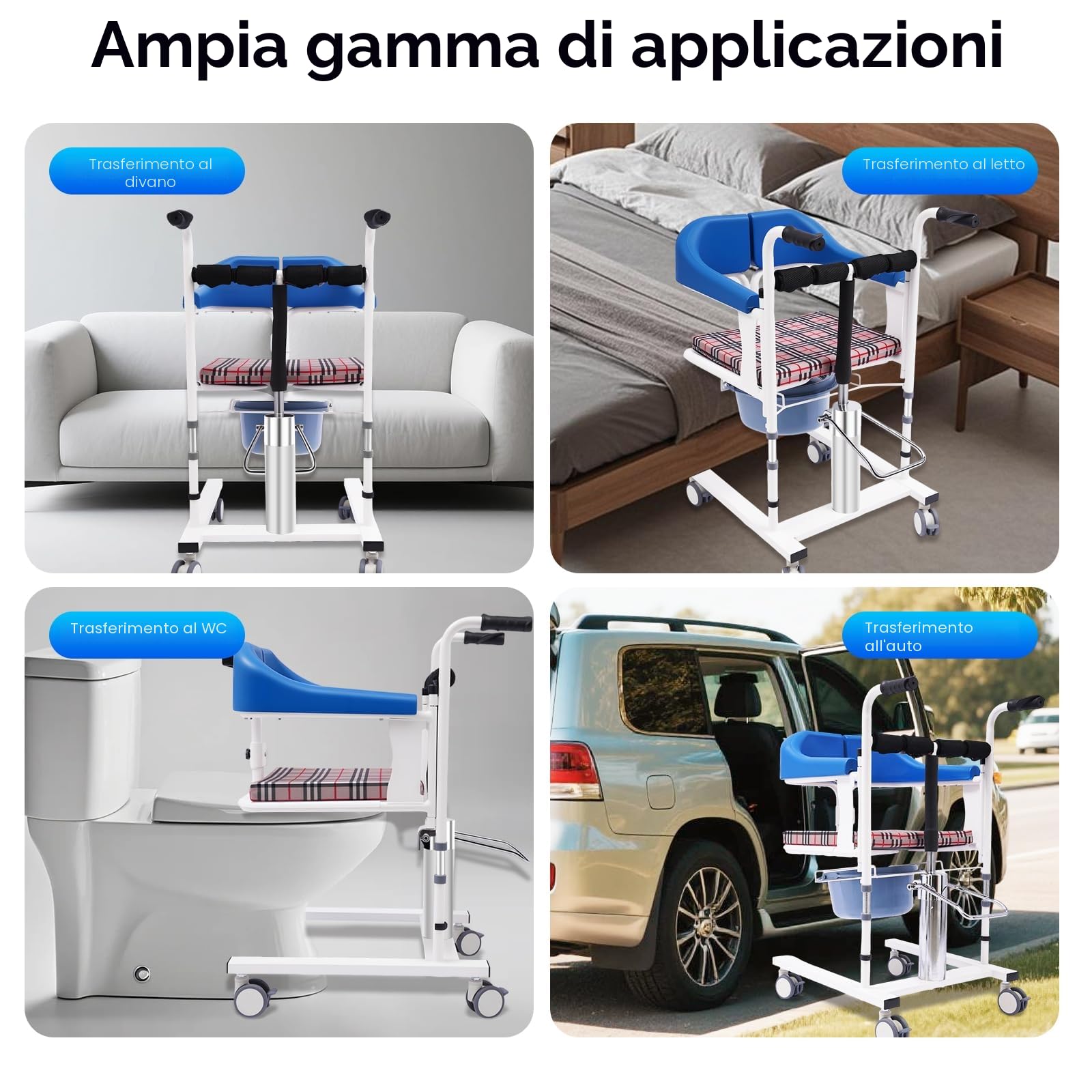 Sedia Sollevamento Idraulica per Trasferimento Pazienti, Stretta 51cm, Portata 90kg, con Ruote e Vasino, Sollevamento manuale 42 – 61 cm, per Anziani e Assistenza Domiciliare