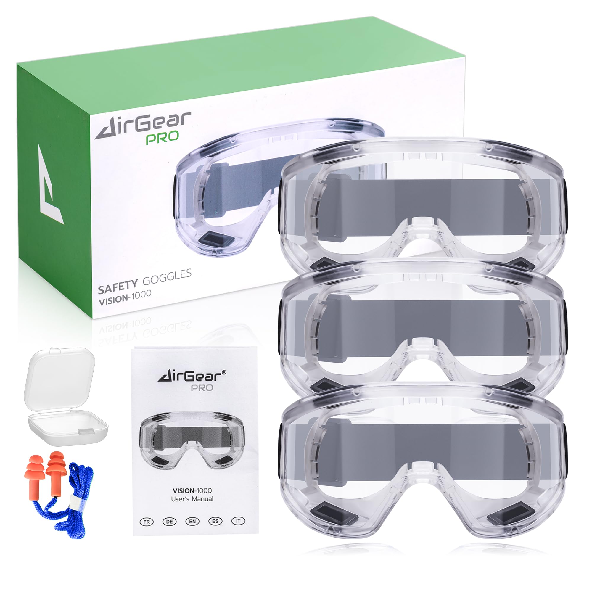 AirGearPro Vision-1000 Anti-Beschlag-Schutzbrille, CE EN ISO 16321-1:2022, 3 Stück