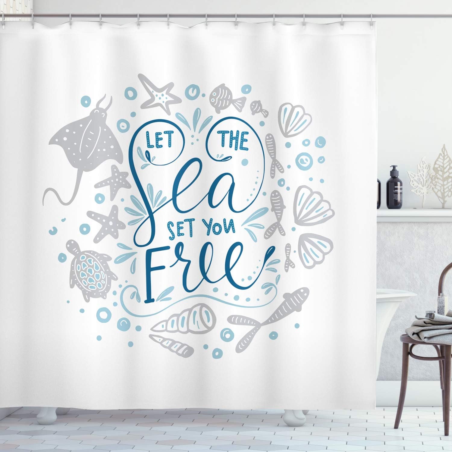 Ambesonne Nautical Shower Curtain, Let The Sea Set You Free Words with Shellfish Turtle and Stingray, Cloth Fabric Bathroom Decor Set with Hooks 70" Long Multi sc_61623
