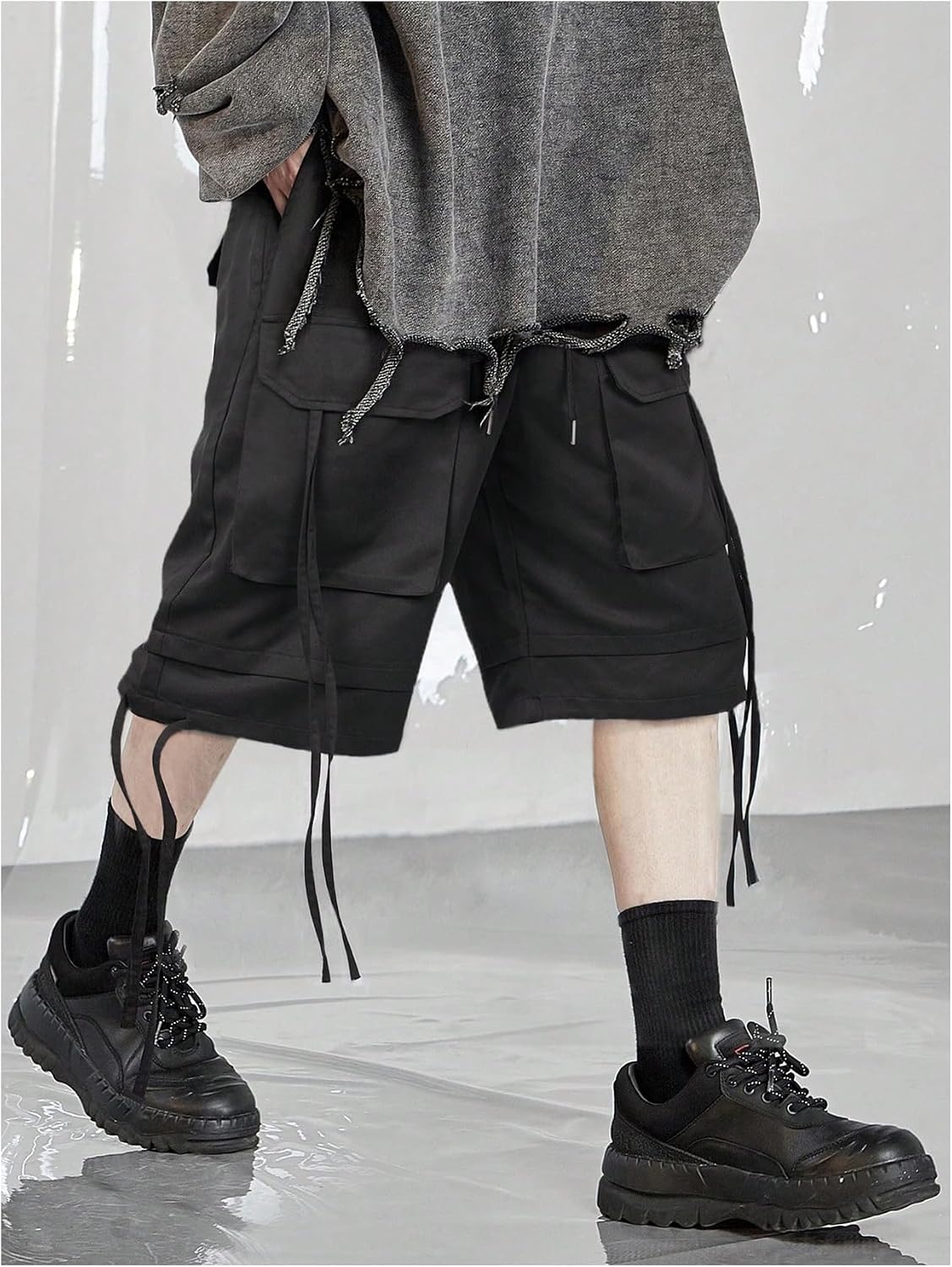 VIPWOLF Men's Cargo Bermuda Shorts Casual Drawstring Elastic Waist Wide Leg Baggy Hiking Travel Workout Shorts Streetwear