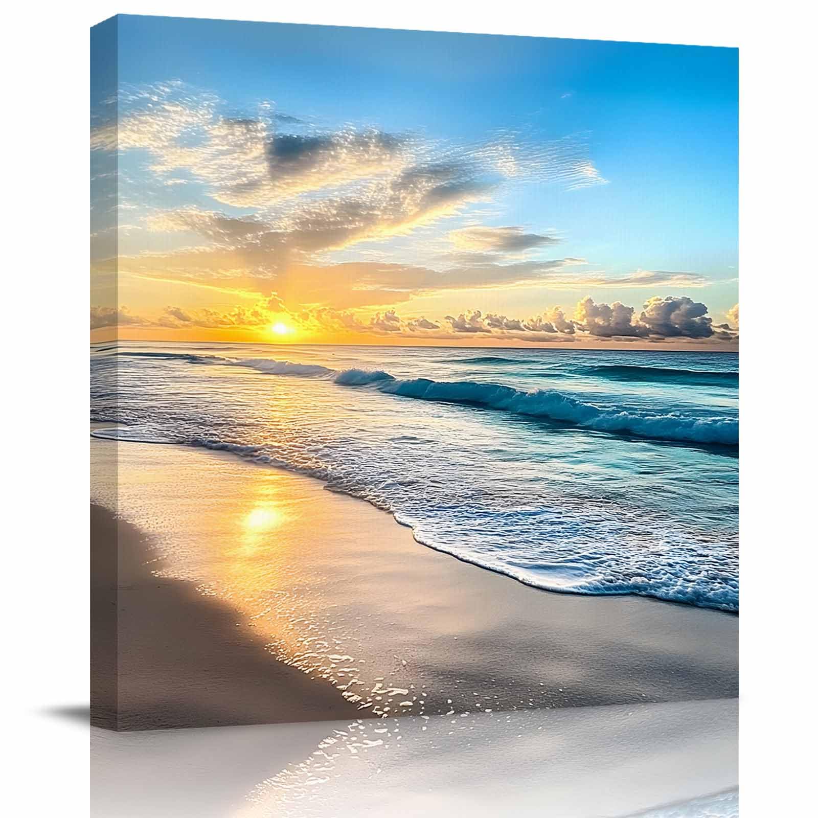 Canvas Wall Art - Sand Beach Wave Sea Hawaiian Sunrise Wall Decor Paintings Pictures for Living Room Modern Artwork Stretched and Framed Ready to Hang 12" x 12"