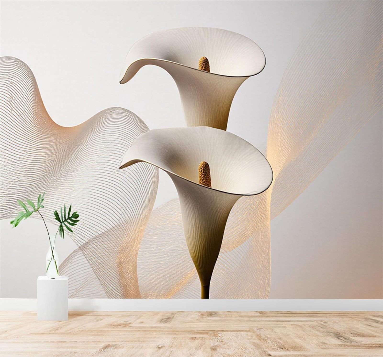Tzxztt 200Cm×140Cm(B×H) Elegant Calla Lily Soft Abstract Lines Beige Background Modern 3D Wallpaper Premium Textured Silk Neutral Tones Material Ideal For Living Room Bedroom-200Cm×140Cm