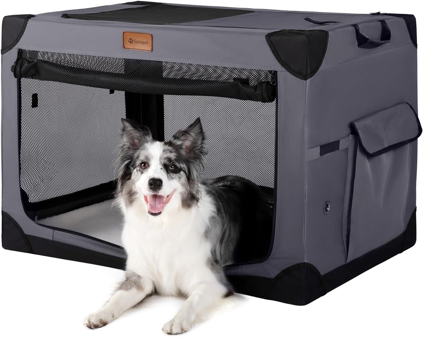 Garnpet ソフトドッグクレート 大型犬用 4ドア 折りたたみ式 犬用クレート ソフトサイド 屋内&屋外 旅行用犬小屋 ダークグレー