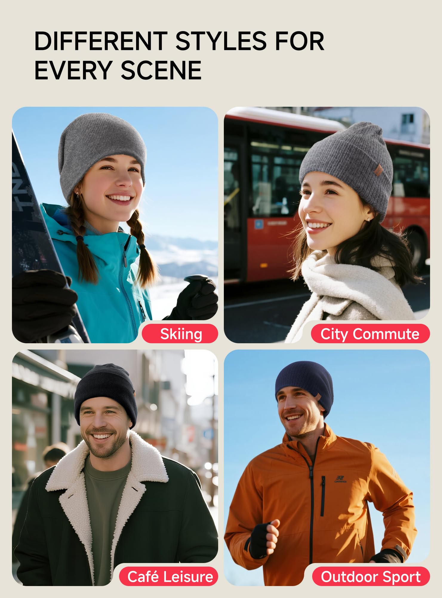 TRENDOUX Czapka zimowa beanie dla mężczyzn i kobiet: wełna merynosów, uniseks, termiczna czapka z dzianiny z polarową podszewką, elastyczna, oddychająca, na co dzień