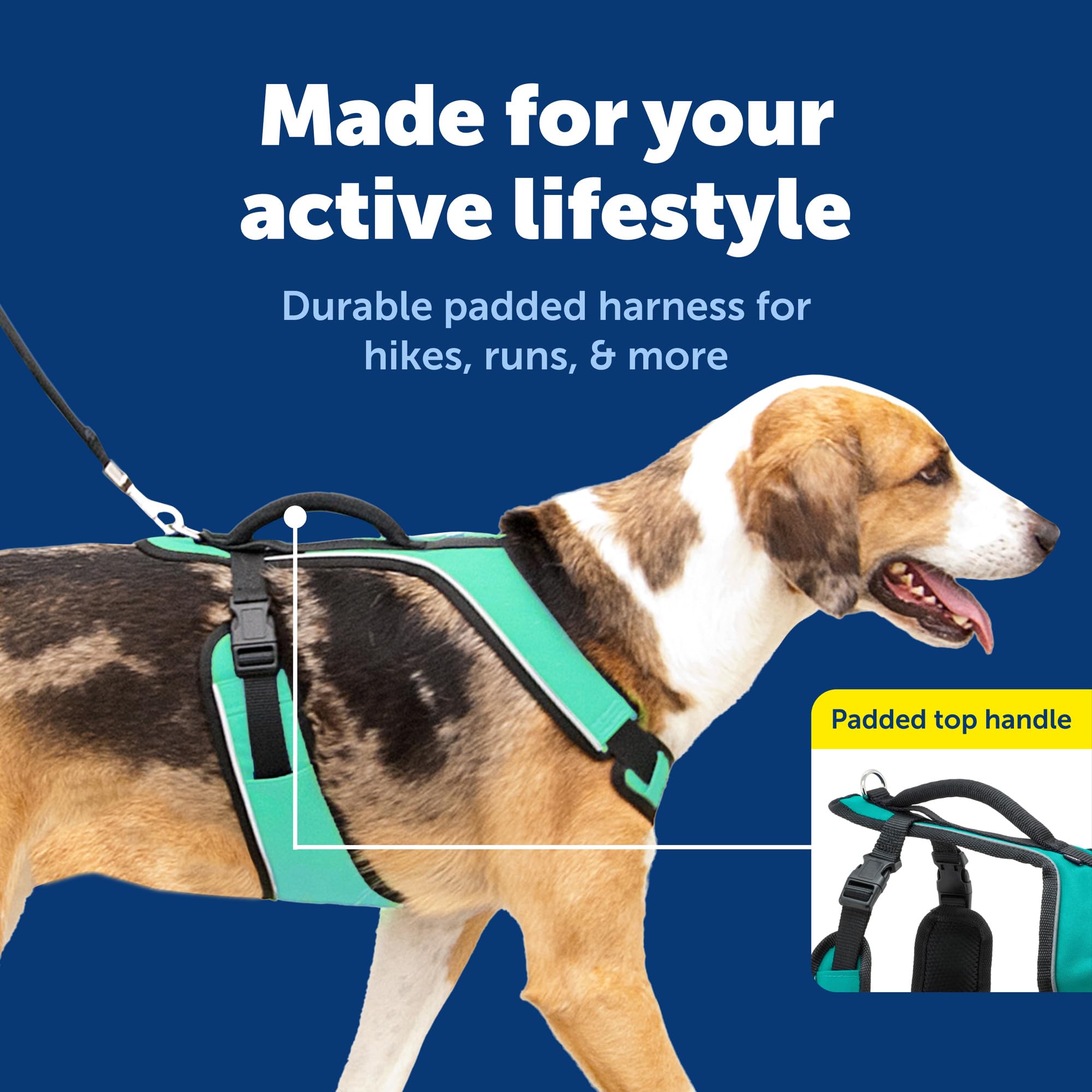 PetSafe EasySport - Arnés con correas acolchadas, totalmente ajustable, cuello elástico, ideal para perros atléticos, asa superior para control rápido, talla grande, verde azulado