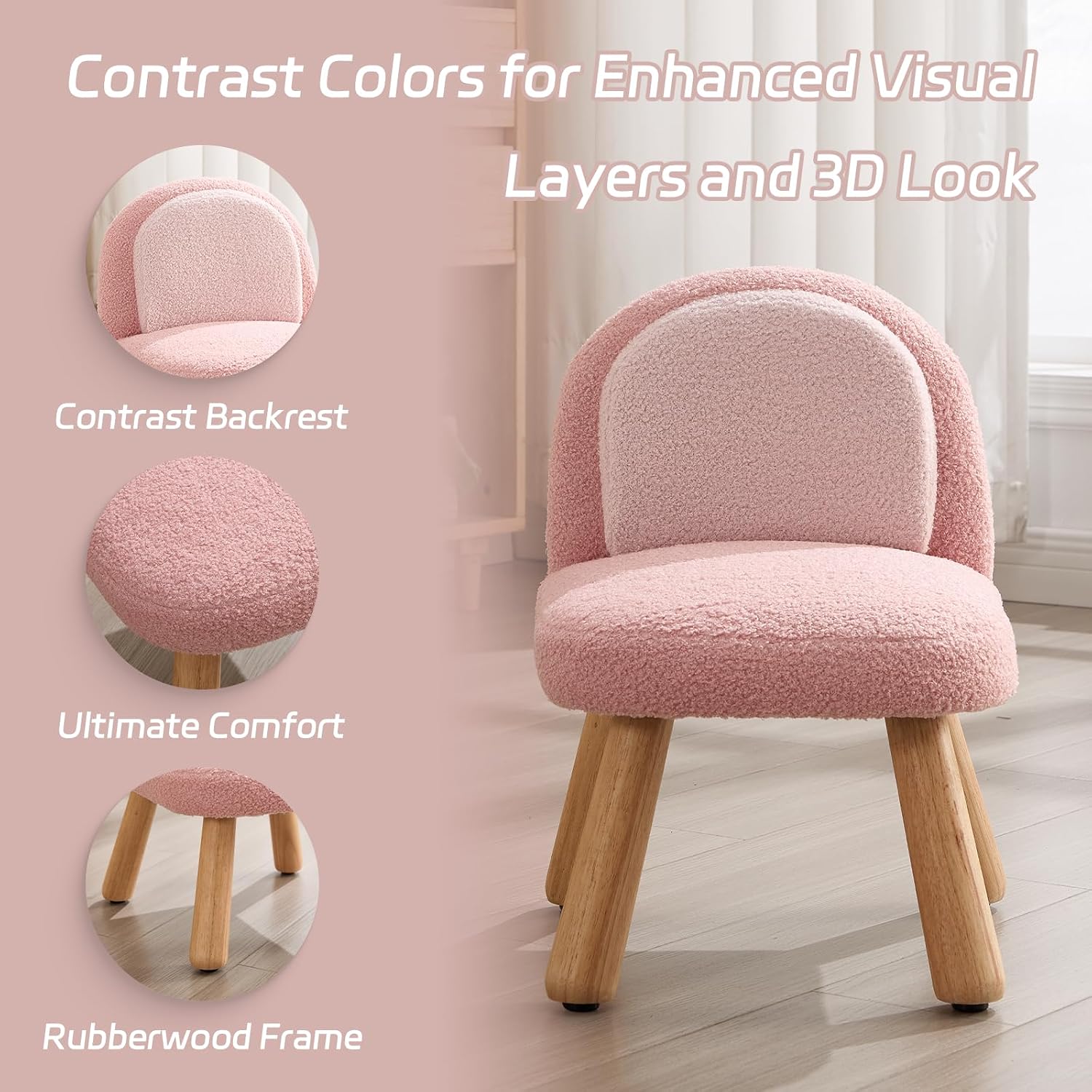 Toddler Armchairs Comfy, Kids Chairs, Toddler Chair with Wooden Legs, Kid Sofa Ages 1-4, Kids Furniture, Preschool Chairs for Playroom, Bedroom & Kindergarten, Baby Pink