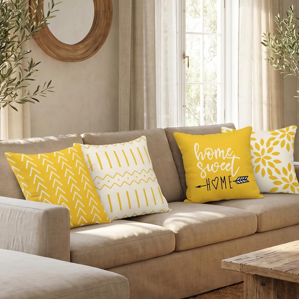 YCOLL Fundas de Cojín, Funda de Almohada del Sofá Throw Cojín Decoración Almohada Funda de Almohada de Lino de la Cubierta Decorativo para Sala de Estar Sofás 55 x 55cm Juego de 4 (Amarillo)