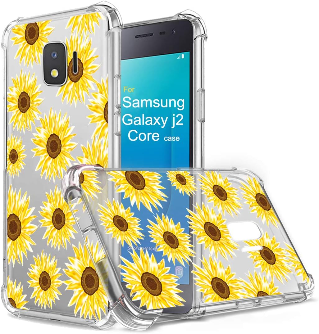 Samsung Galaxy J2 Core Flower Case,Galaxy J2 Pure/J2 Dash/J2 (2019) Case Floral for Girls Women Shock-Absorption Flexible TPU Rubber Soft Silicone for Galaxy J2 Core(Sun Flower)