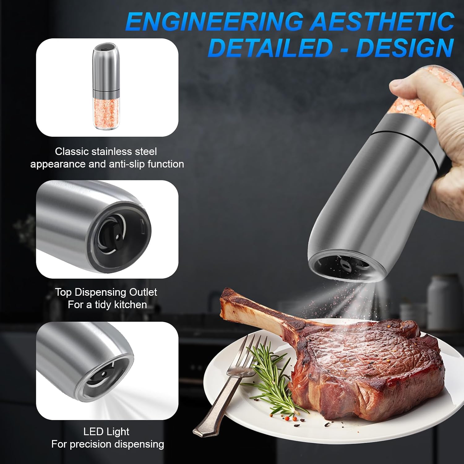 Gravity Electric Salt and Pepper Grinder Set Battery Powered Stainless Steel Pepper Mill Grinder with 176ml Container, Adjustable Coarseness, Bright LED Light and One Hand Operation, Silver