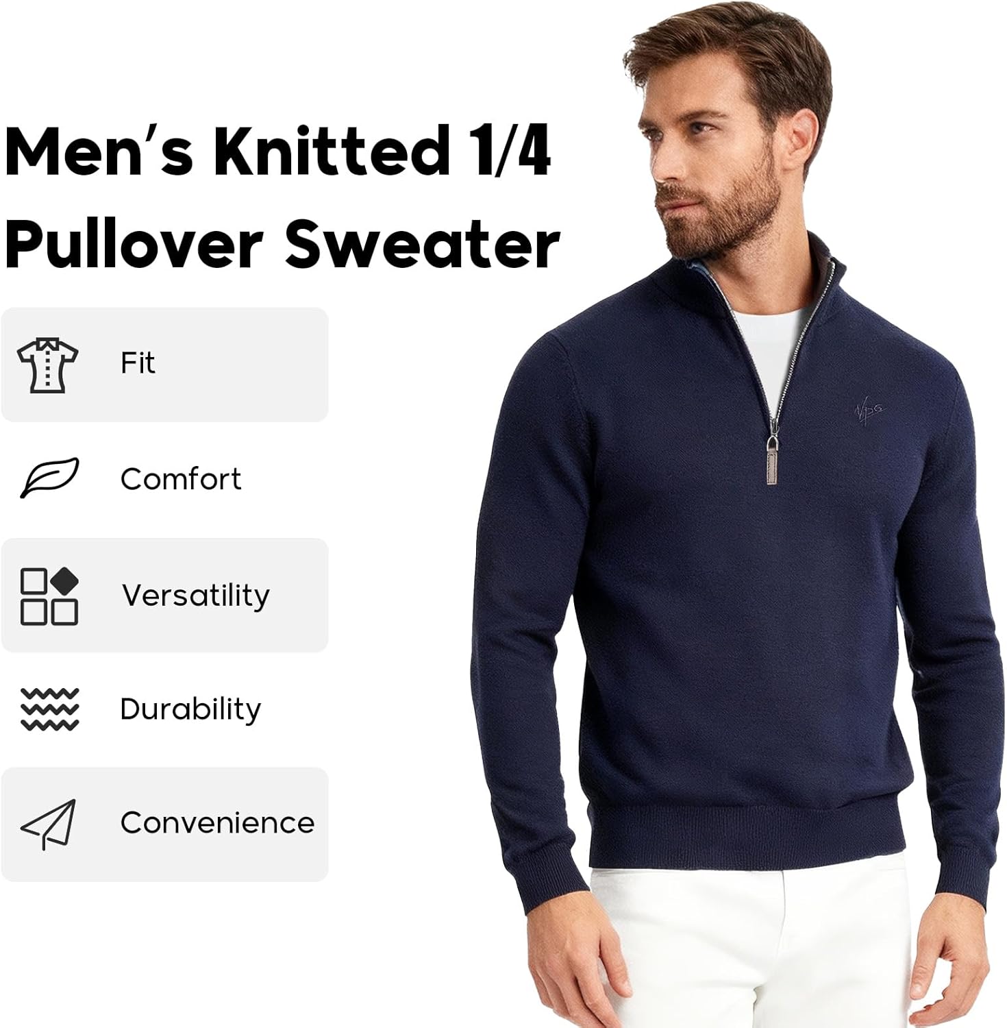 VPG Mens Quarter Zip Sweater, Regular Fit Lightweight Mock Neck Knit Texture Polo Long Sleeve 1/4 Zip Pullover - Image 2