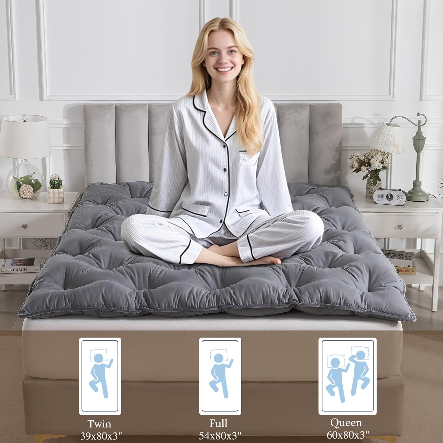 SHOUREN Japanese Futon Mattress Floor Mattress 3" Tatami Mat,Shredded Memory Foam Foldable Roll Up and Portable Sleeping Pad Suitable for Camping,Guest Room,Grey 54"X80" Full Size
