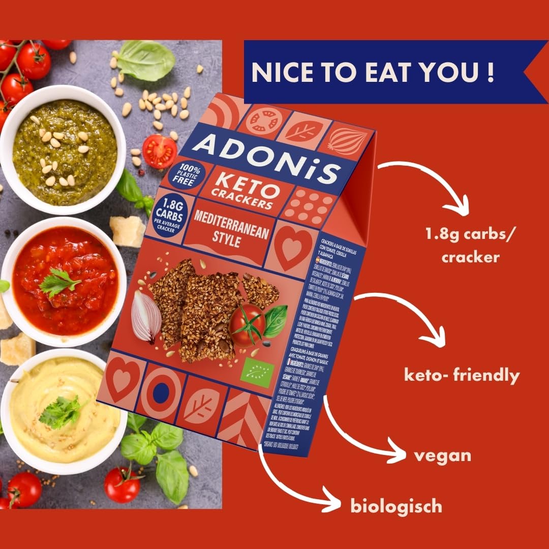 Adonis Keto Mediterrane Crackers (10 x 60 g Packung) | Vegan-freundlich | 100% natürlich | Glutenfrei, palmölfrei, laktosefrei | Gesunder Snack (Mediterran)