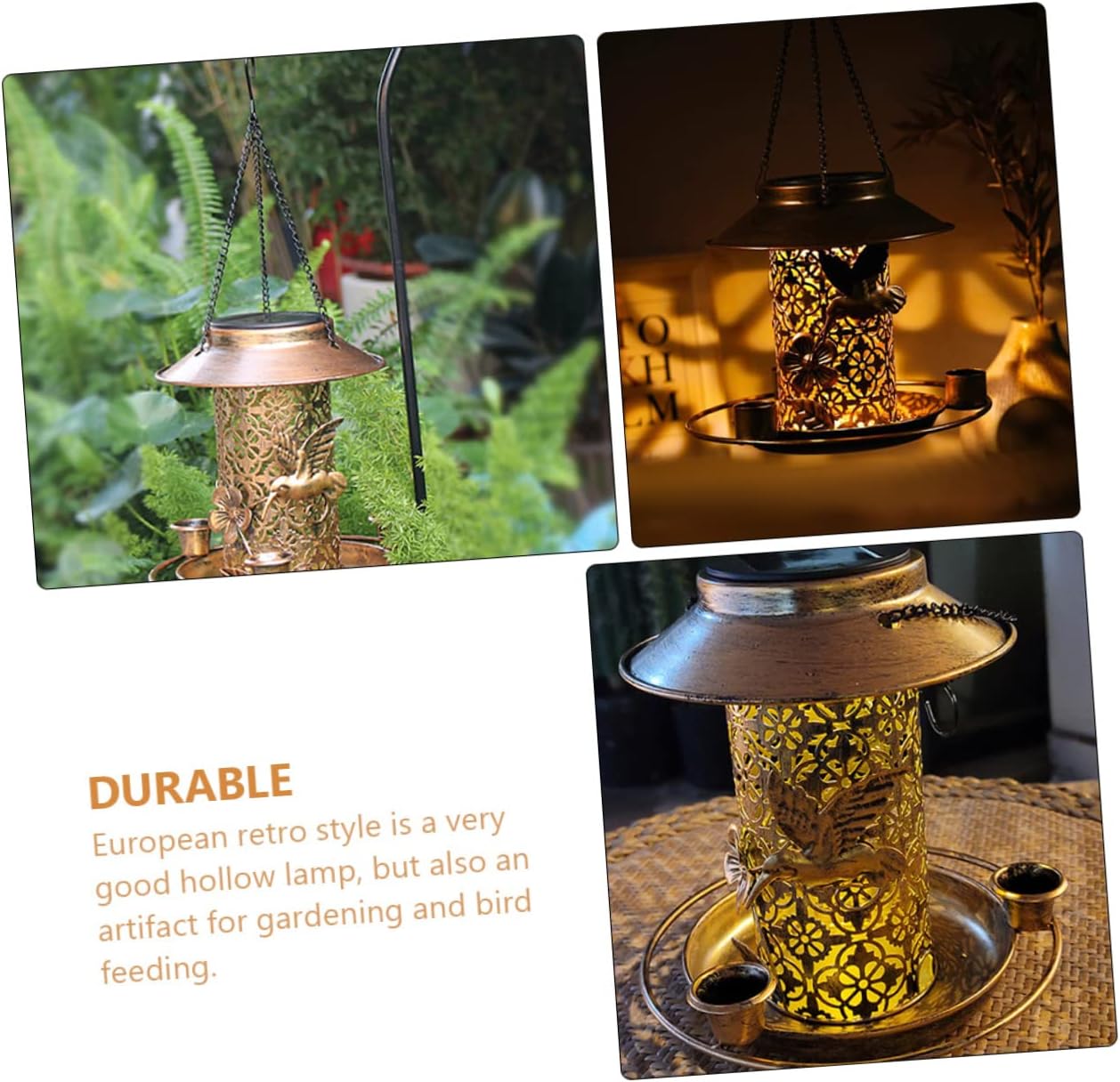 POPETPOP Solar Bird Feeder with LED Lights Antique Iron Art Hanging Bird Food Feeder for Outdoor Garden Decoration Multifunctional Design