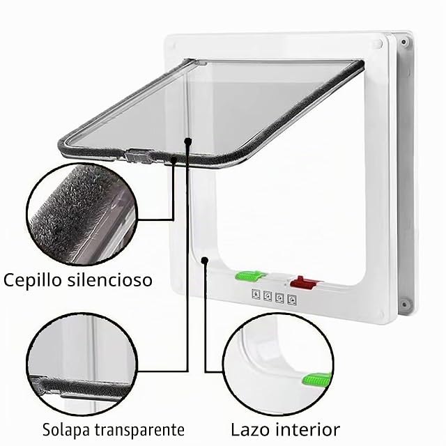 Foto 2 de 6 de Moaobooh Puerta para gatos, 4 vías de bloqueo, puerta para mascotas (M, blanco)
