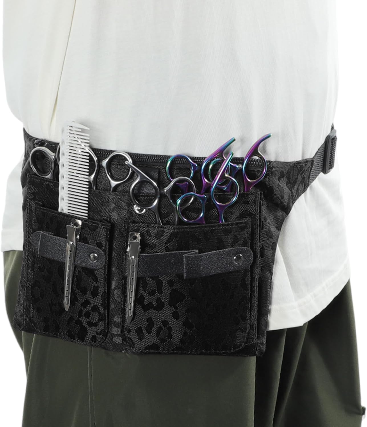 VOCOSTE Hairdresser Scissor Bag, Barber Canvas Waist Pouch, Professional Hairdressing Tools Storage Holsters with Waist Belt, Leopard Black