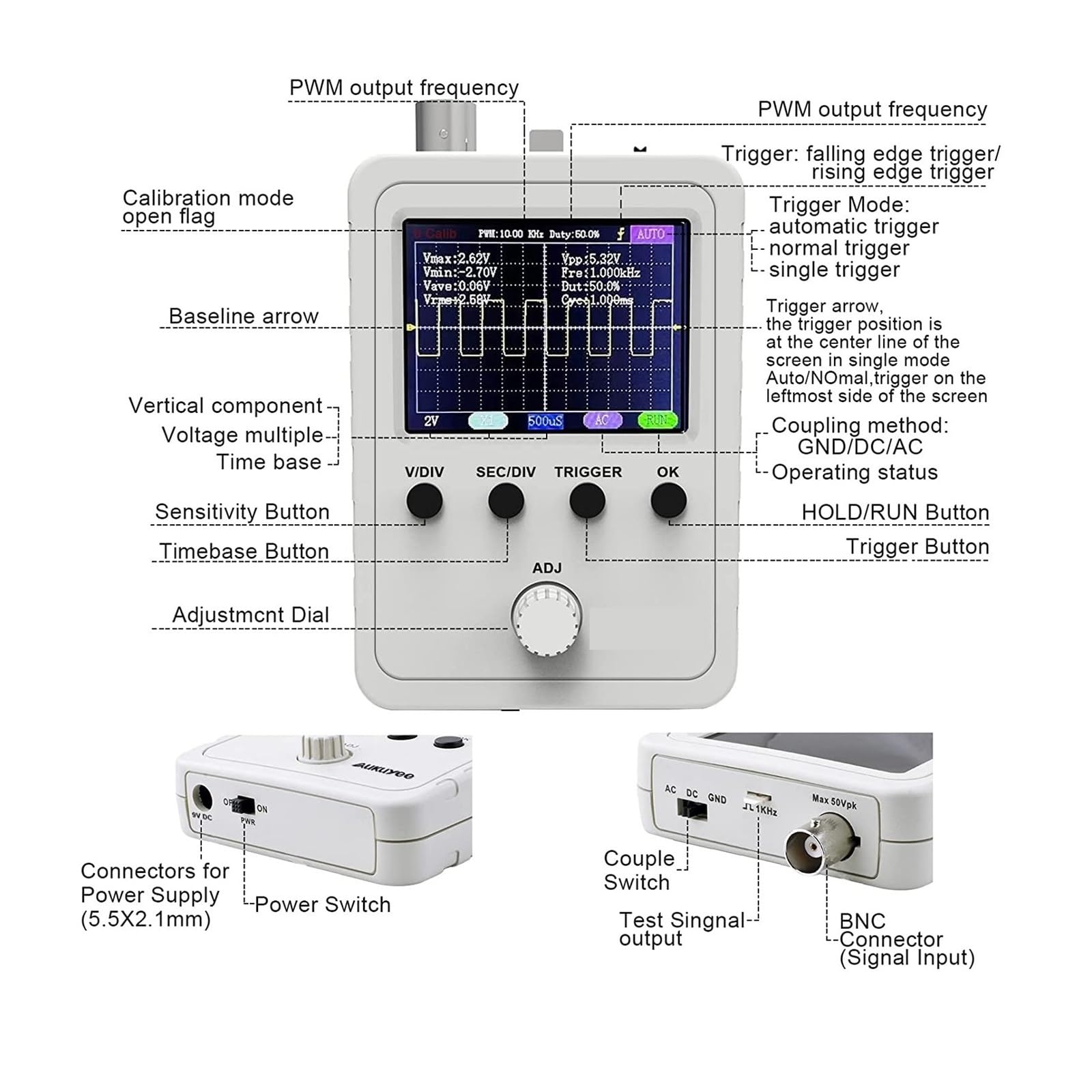 Kit oscilloscope numérique bande passante 0-200KHz et taux d'échantillonnage 1M avec alimentation et sonde câble BNC-Clip