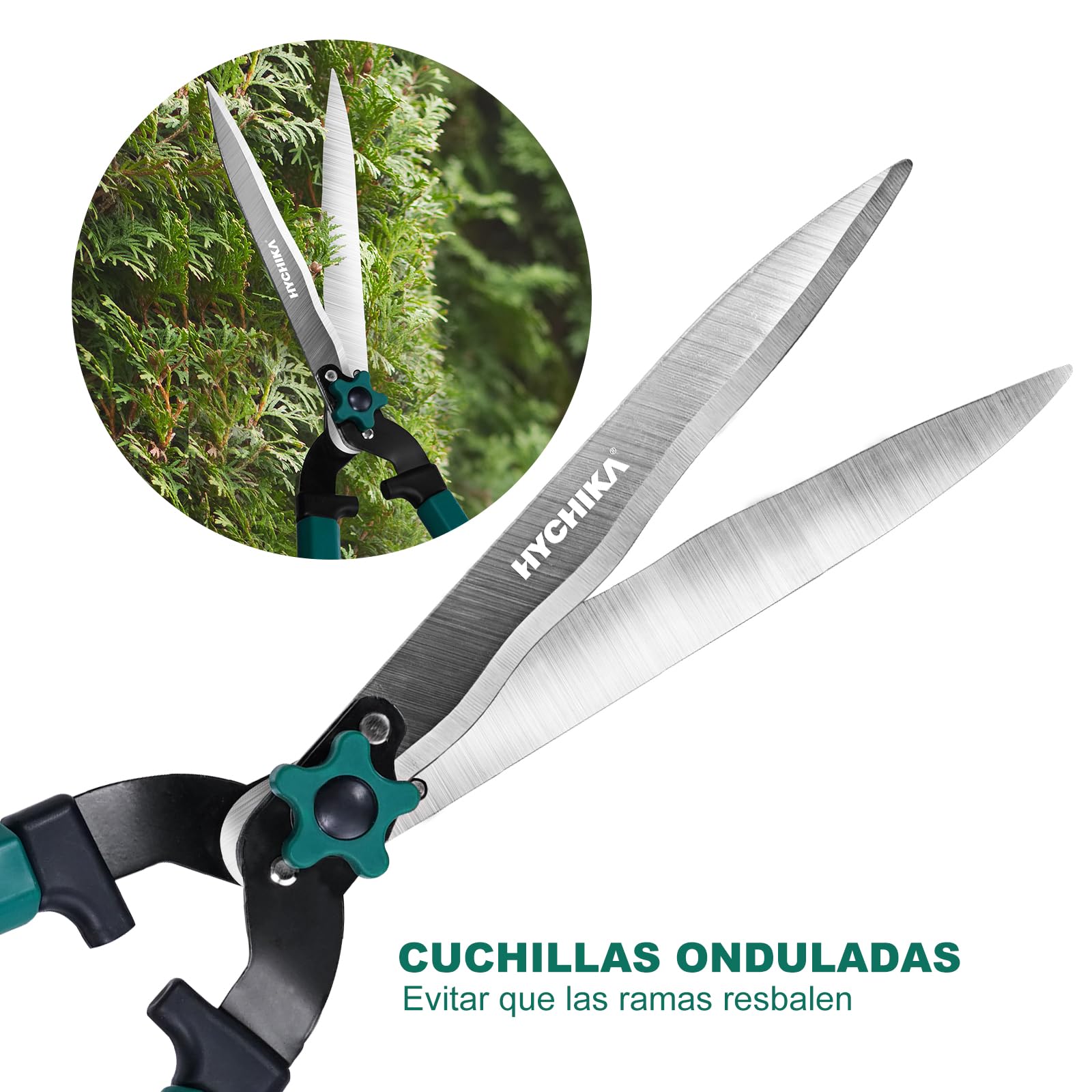 HYCHIKA Tijeras Cortasetos Telescopico Manual 111CM, Tijeras de Podar Cortasetos, Cuchillas de Acero Templado, Hoja de 214 MM, Tijeras Jardin Para Podar Setos y Arbustos