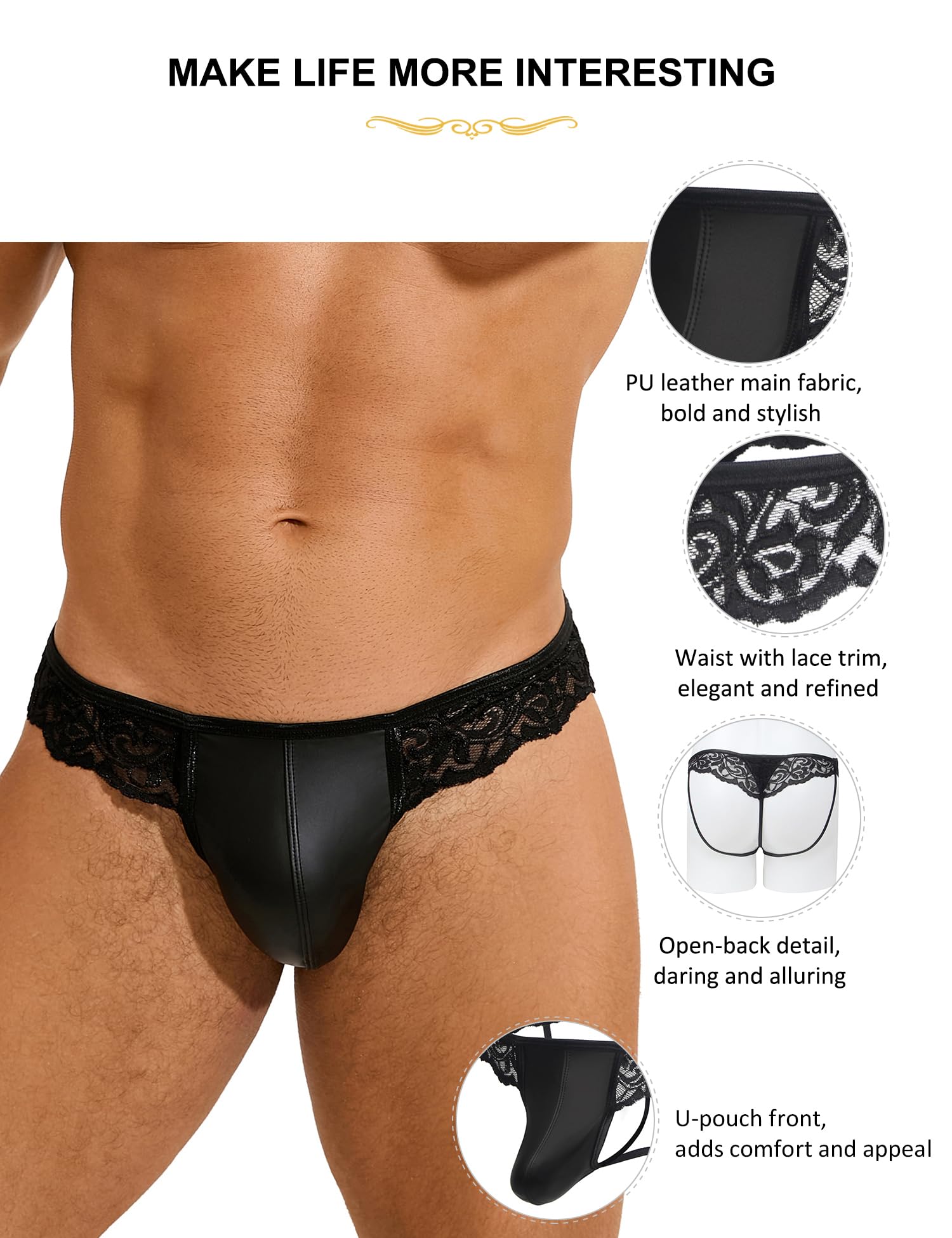 ohyeahlady String Tanga Herren Sexy Dessous PU Leder Unterwäsche Männer Erotisch Spitze Höschen Slips Thong Ouvert Transparent Unterhosen T-Back Sissy Reizwäsche Gay Underwear Große Größen Schwarz
