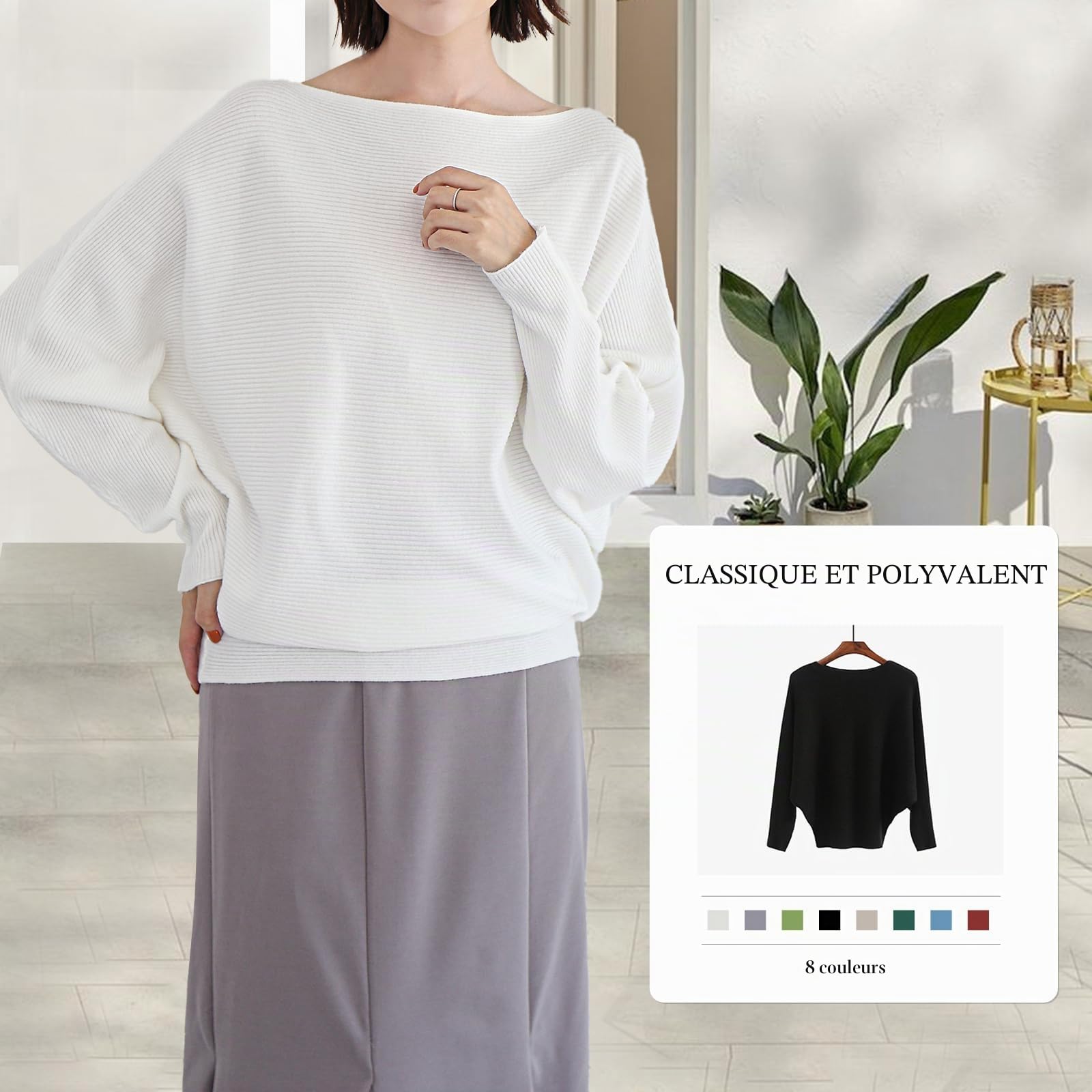 Qin Derdom Pull Chauve-Souris pour Femme - Pull Côtelé Ample Taille Unique avec Col Bateau, Pull Surdimensionné avec Manches Longues Dolman