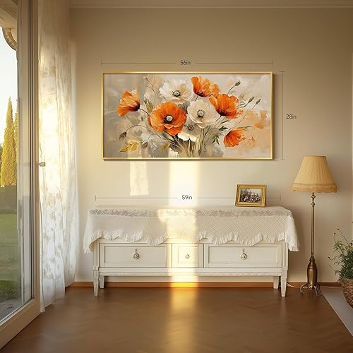 Miniatura 5 de Arte de pared floral con marco dorado extragrande para sala de estar, lienzo de flores naranjas y blancas para paredes, pintura de acuarela moderna
