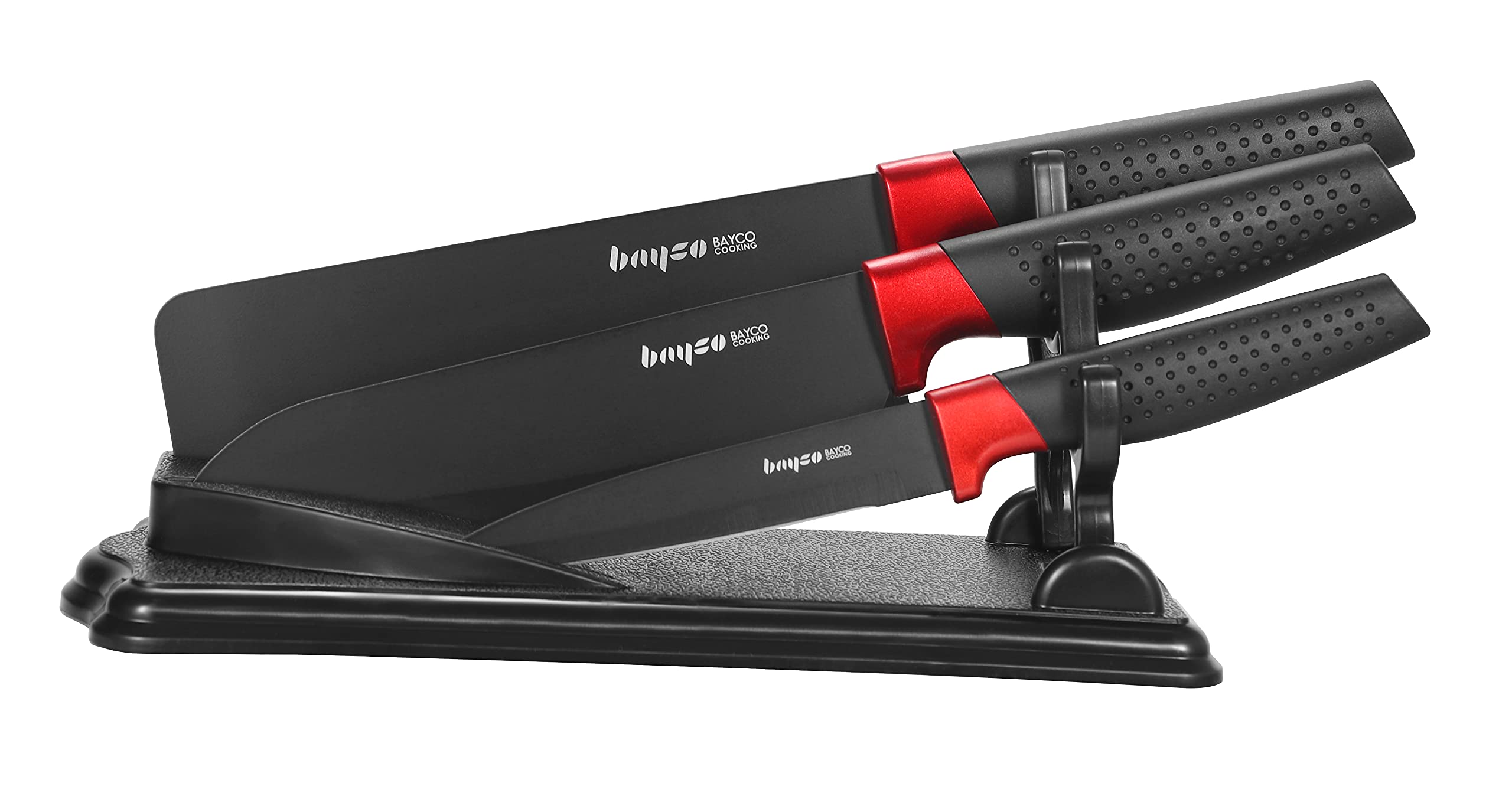 Matte Black Plated Knife Set for Kitchen Soft Rubber Handle Stainless Steel Japan Chef Knife Set with Knife Holder (3Pc set)