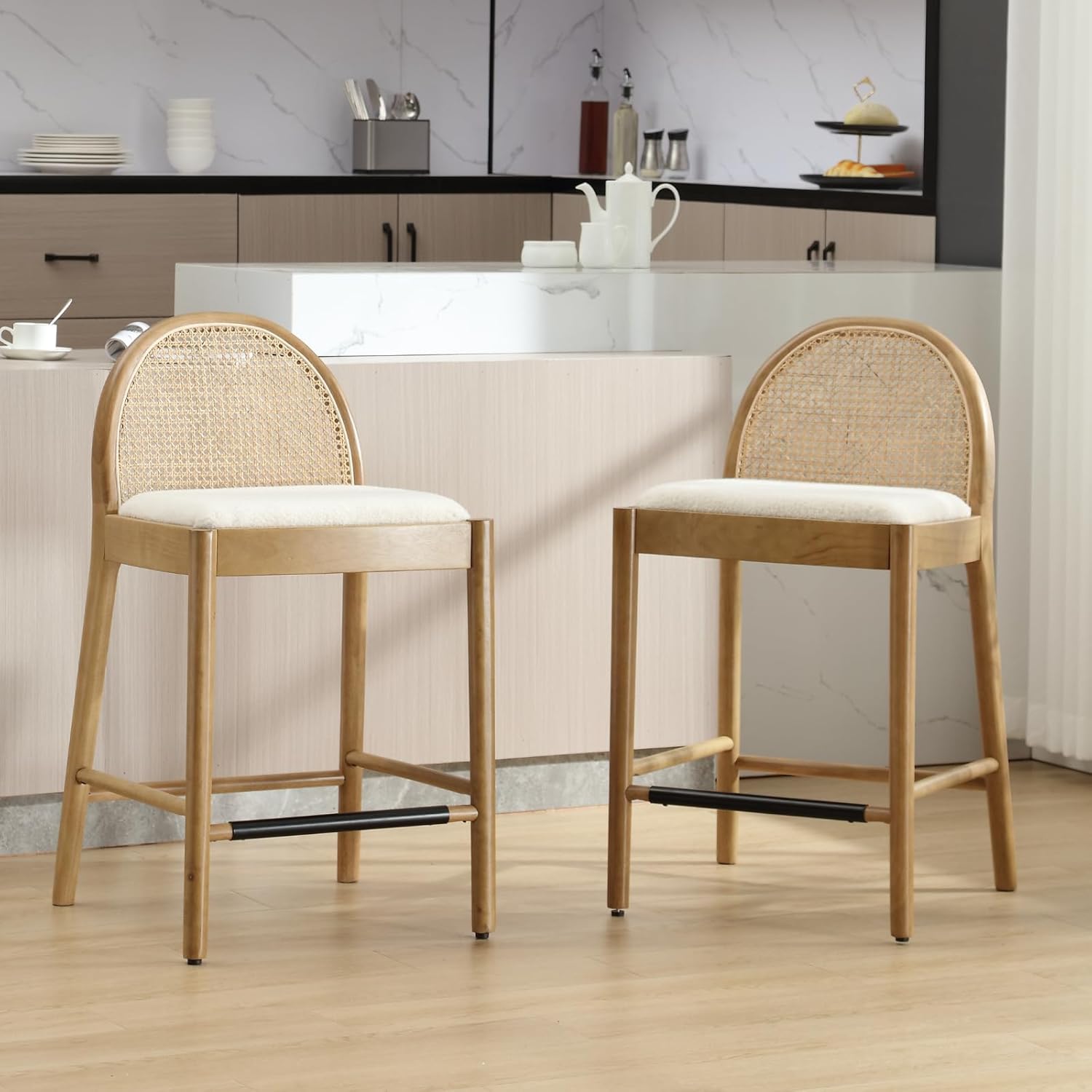 LukeAlon Modern Sherpa Counter Stools Set of 2, 26" Seat Height Low Bar Chairs with Wooden Legs Natural Rattan Cane Back Cpunter Height Barstools with Footrest for Home Pub Kitchen, White