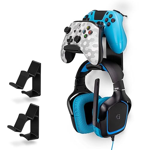 The UberAtlas Dual Game Controller & Headphone Stand Wall Mount Holder for Xbox ONE, Series X, PS5, PS4, PS3, Switch, STEELSERIES Gamepad & More,
