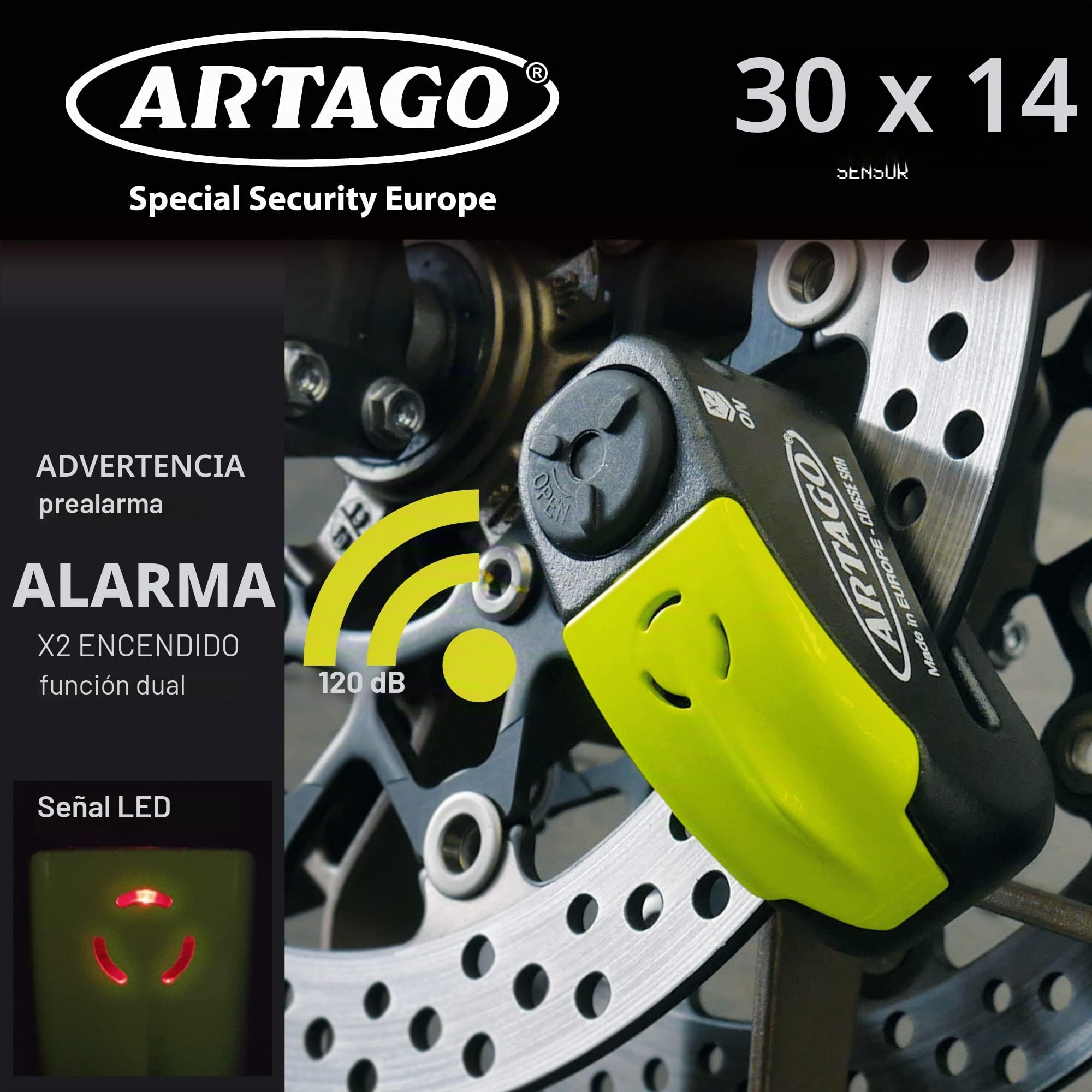 Artago 30X4 Pack Candado Antirrobo Disco con Alarma 120db Alta Seguridad + Soporte para Honda CRF 1000l Africa Twin, Homologado SRA y Sold Secure Gold