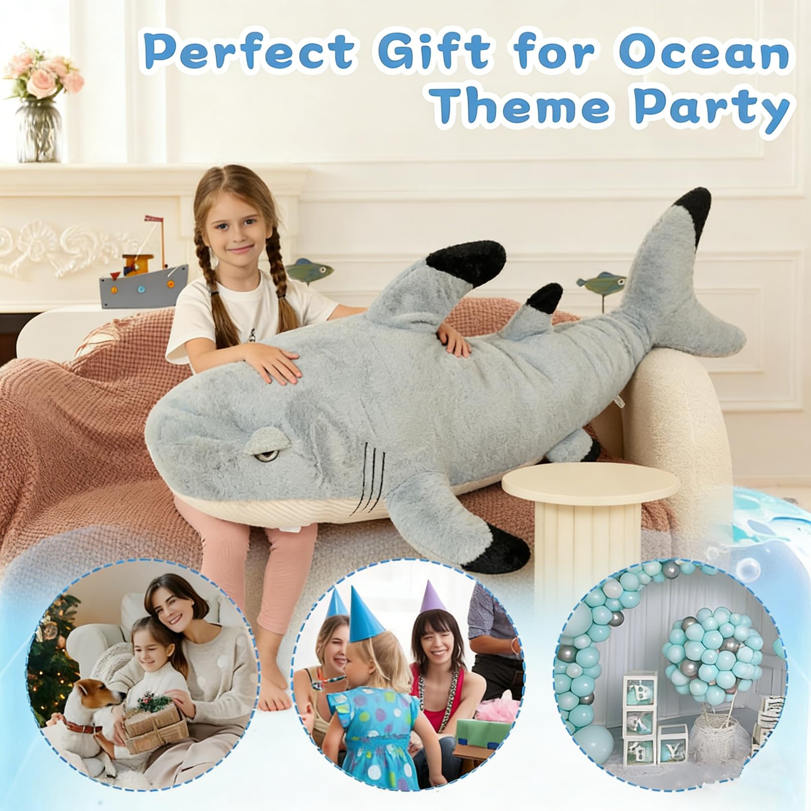 KERTA 32inches Shark Stuffed Animals, 2.6ft Large Gray Stuffed White Shark Plush Body Pillow for Girls Boys, Realistic Ocean Plush Toy Birthday Party Decora Gift for Adults 4