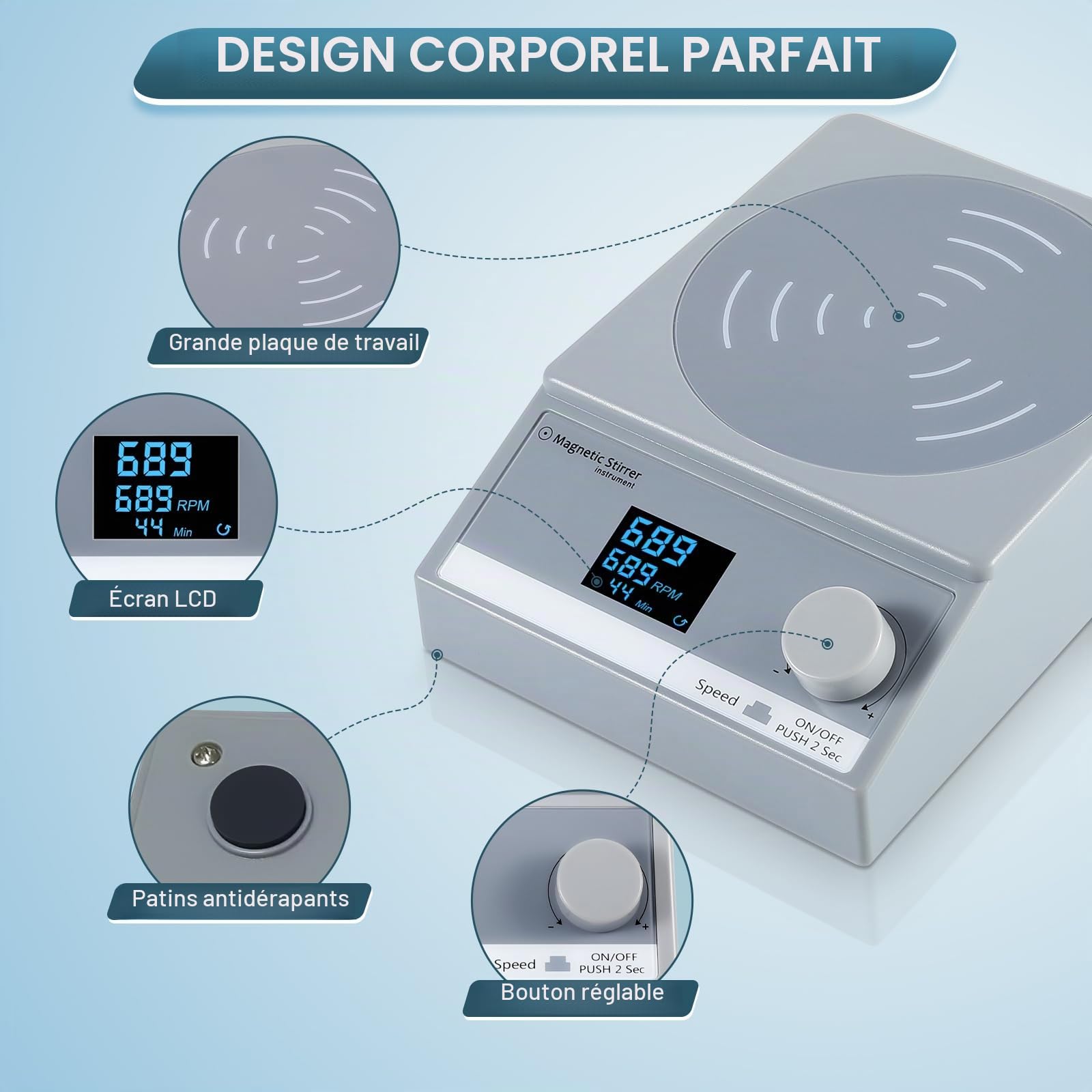 Agitateur Magnétique avec Écran LCD et Fonction de Minuterie, Contrôlé avec Précision à Basse Vitesse, 250-2000tr/min, Capacité d'Agitation Maximale 3500 ml, avec Barre d'Agitation Gris