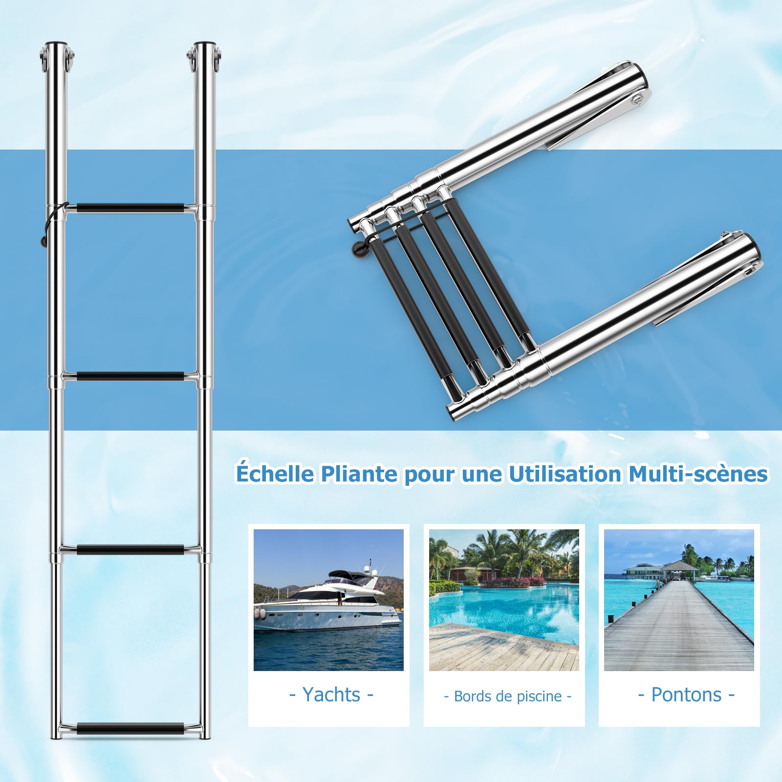 GOPLUS Échelle de Bateau Ponton Télescopique à 4 Marches en Acier Inoxydable, Plateforme de Natation avec Marches, Échelle Extensible Pliante pour Ponton, Bateau, Yacht Charge 227KG