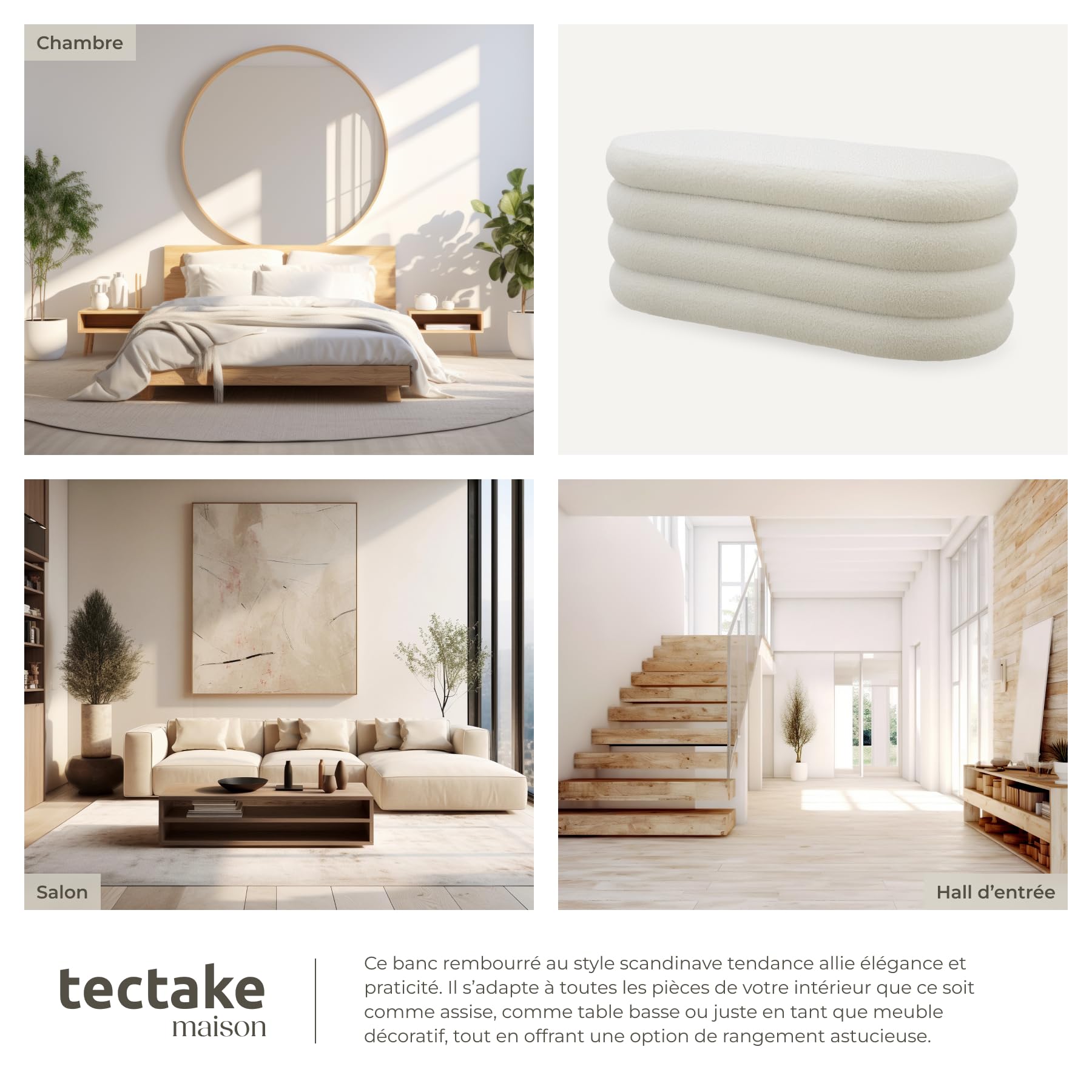 tectake® Banc rembourré avec Rangement, 110 x 45 x 42 cm, Max. 150 kg, Banc de Rangement, Bout de lit Coffre, Coffre avec Couvercle, Meuble Salon, Entrée, Chambre, Dressing - Bouclé Crème