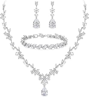 BriLove Gorgeous Wedding Jewelry Set for Women Bridal Cubic Zirconia Marquise Teardrop Leaf Cluster Y-Necklace Dangle Earrings Link Bracelet