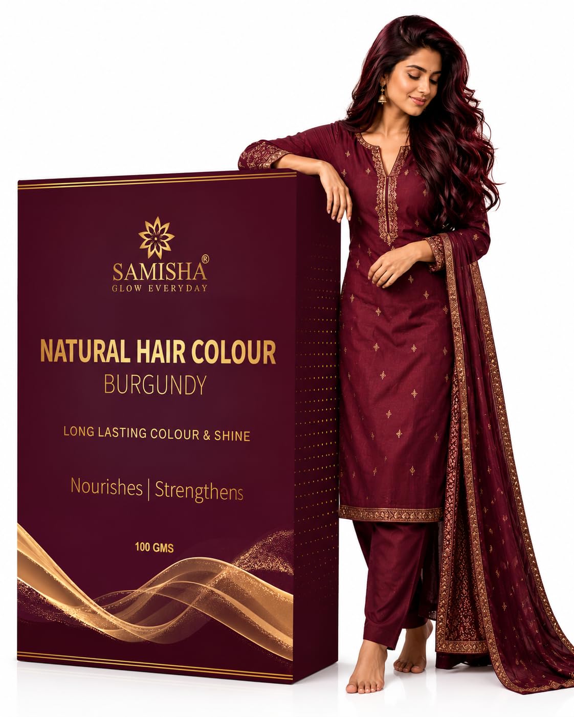 Natural Hair Colour without chemical Samisha Natural Burgundy Hair Colour for Women | Ammonia Free hair colour Damage Free | Organic Hair Colour with 6 Herbal Extracts 100% Grey Coverage & Long Lasting Herbal Hair Colour for Women-image-1