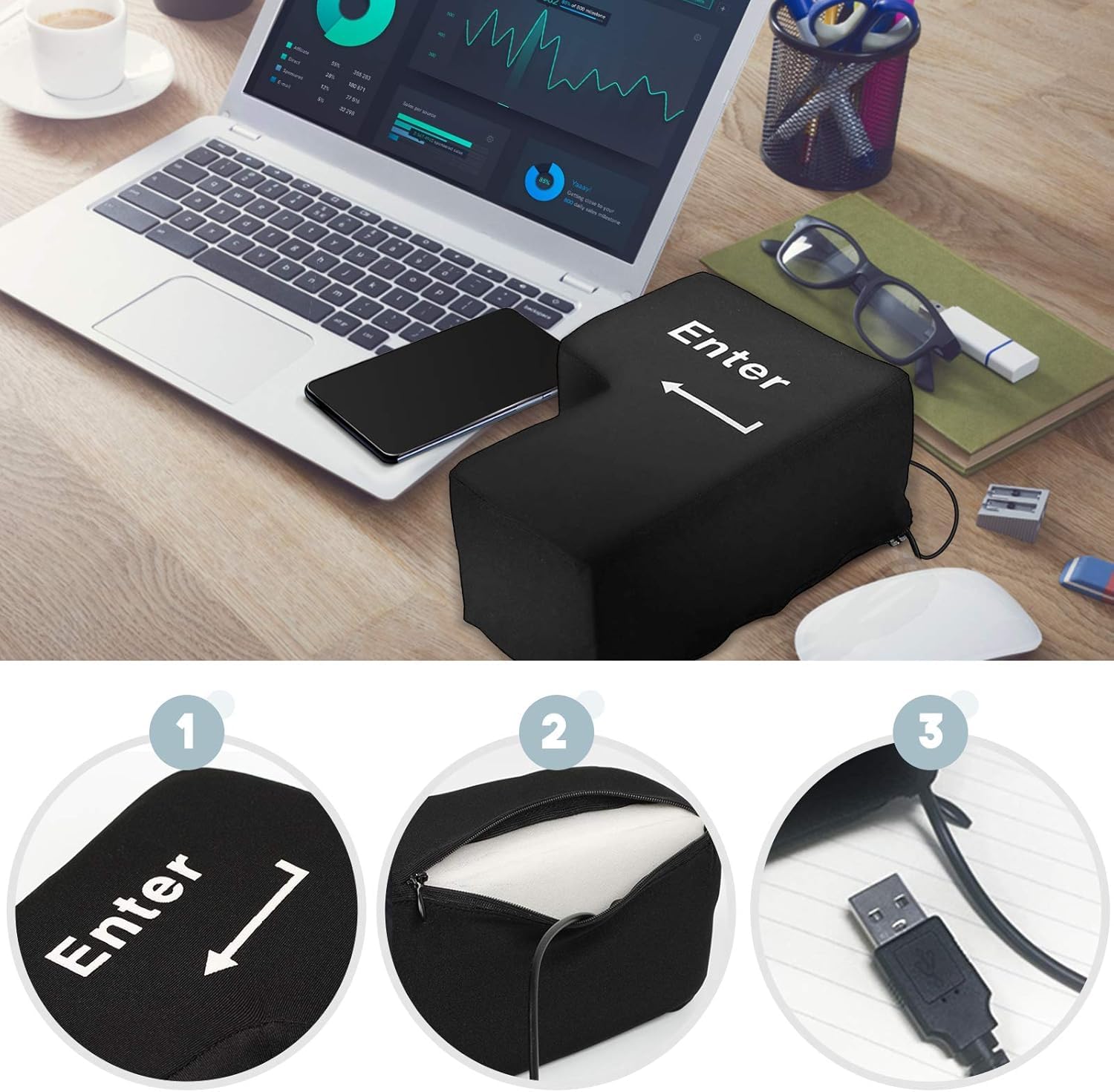 Grande Touche d'entrée,Gros Bouton Entrée,Touche Entrée avec Coussin de Bureau Clavier USB Gadget pour Anti-Stress,Outils de Soulagement du Stress pour le Bureau,Grand Coussin de Touche d'entrée