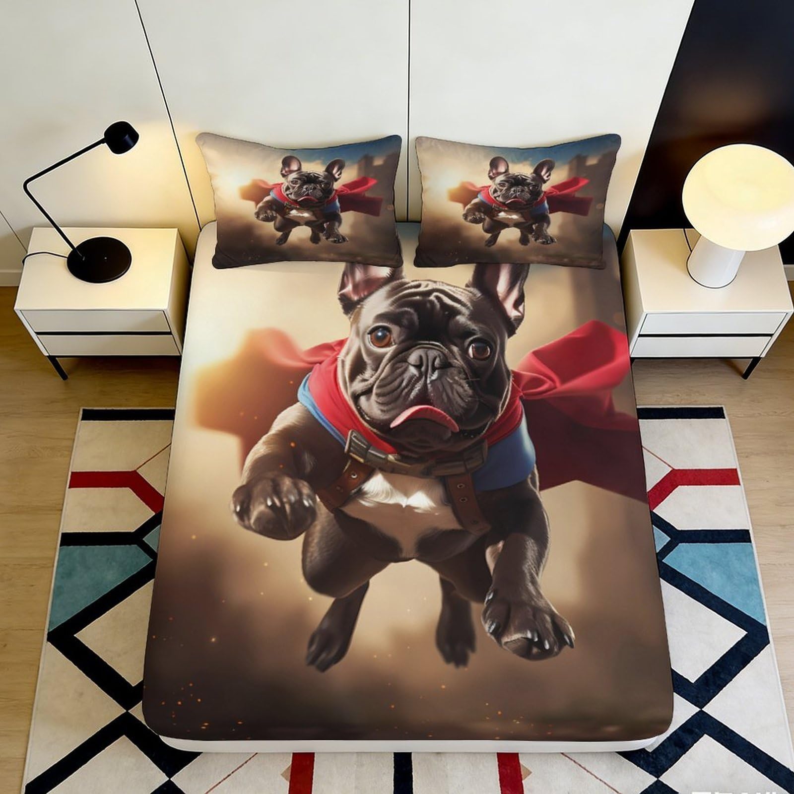 3D Printed Bulldog Superhero Fitted Sheet Microfiber Soft Breathable Cartoon Bed Cover for Bedroom Dorm Decor 90x200x25cm