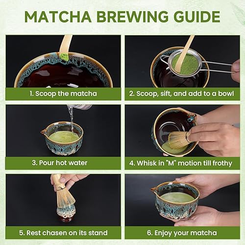 Miniatura 4 de Juego de 7 batidores de matcha, juego de matcha de cerámica, incluye cuenco matcha, batidor de matcha, soporte de Chasen, cuchara de bambú, soporte