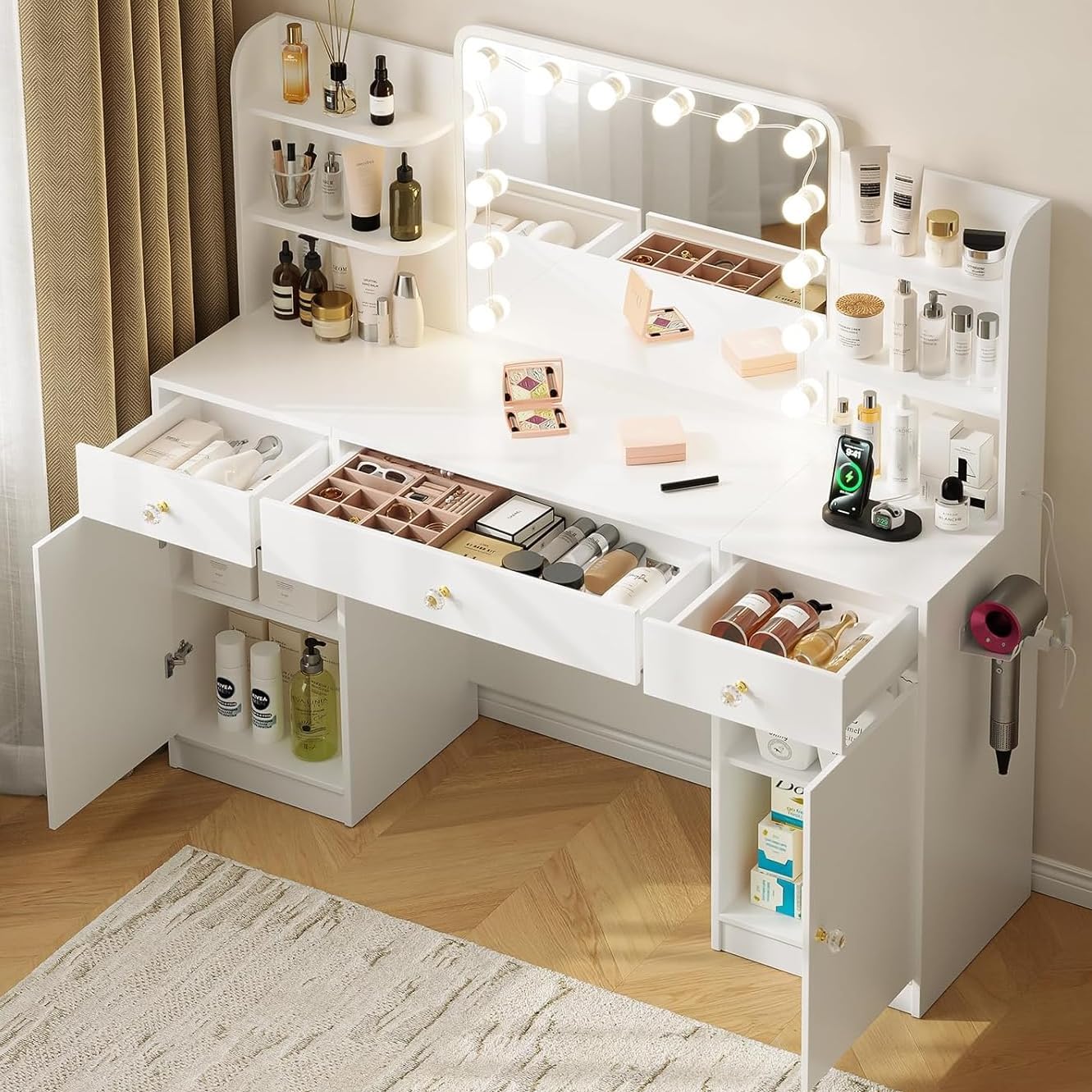 Large Vanity Desk 58'' One-Piece Makeup Table with 3 Color Adjustable Brightness Bulbs, Make Up Vanity with Charging Station and 3 Drawers, 2 Large Cabinets, Big Vanity with Lights for Bedroom, White