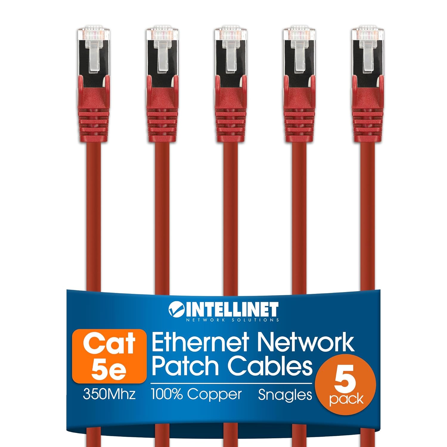 Intellinet Cat5e Ethernet Network Patch Cable Multi-Pack - 100% Copper, 350 MHz, Snag-Free Boots & Gold-Plated Contacts - Up to 1 Gbps for Reliable Networking (5 Cables, Orange, 100 ft)
