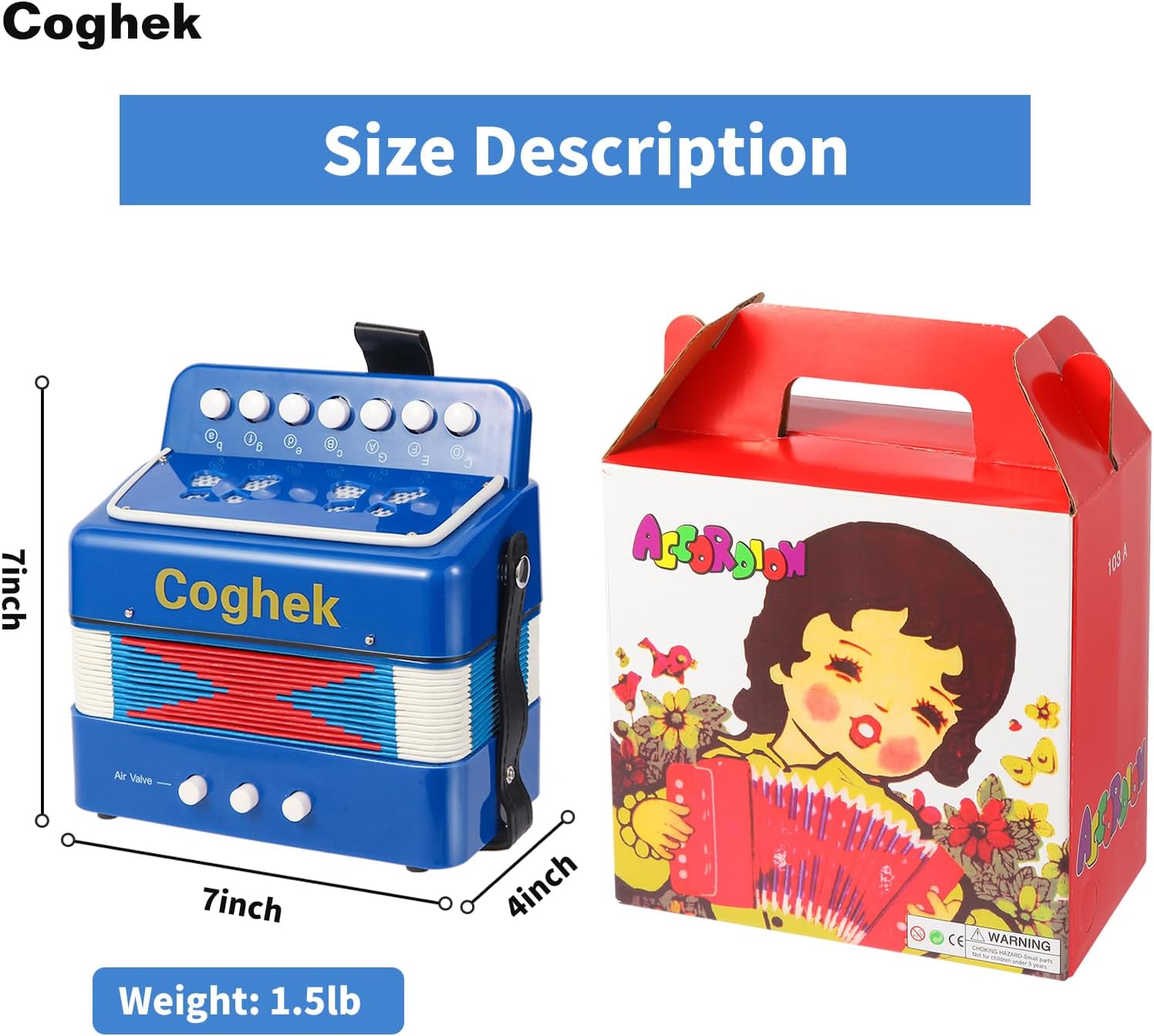 Blue Mini Accordion For Kids 10-Key Button Compact Accordion Durable Musical Toy For Beginners