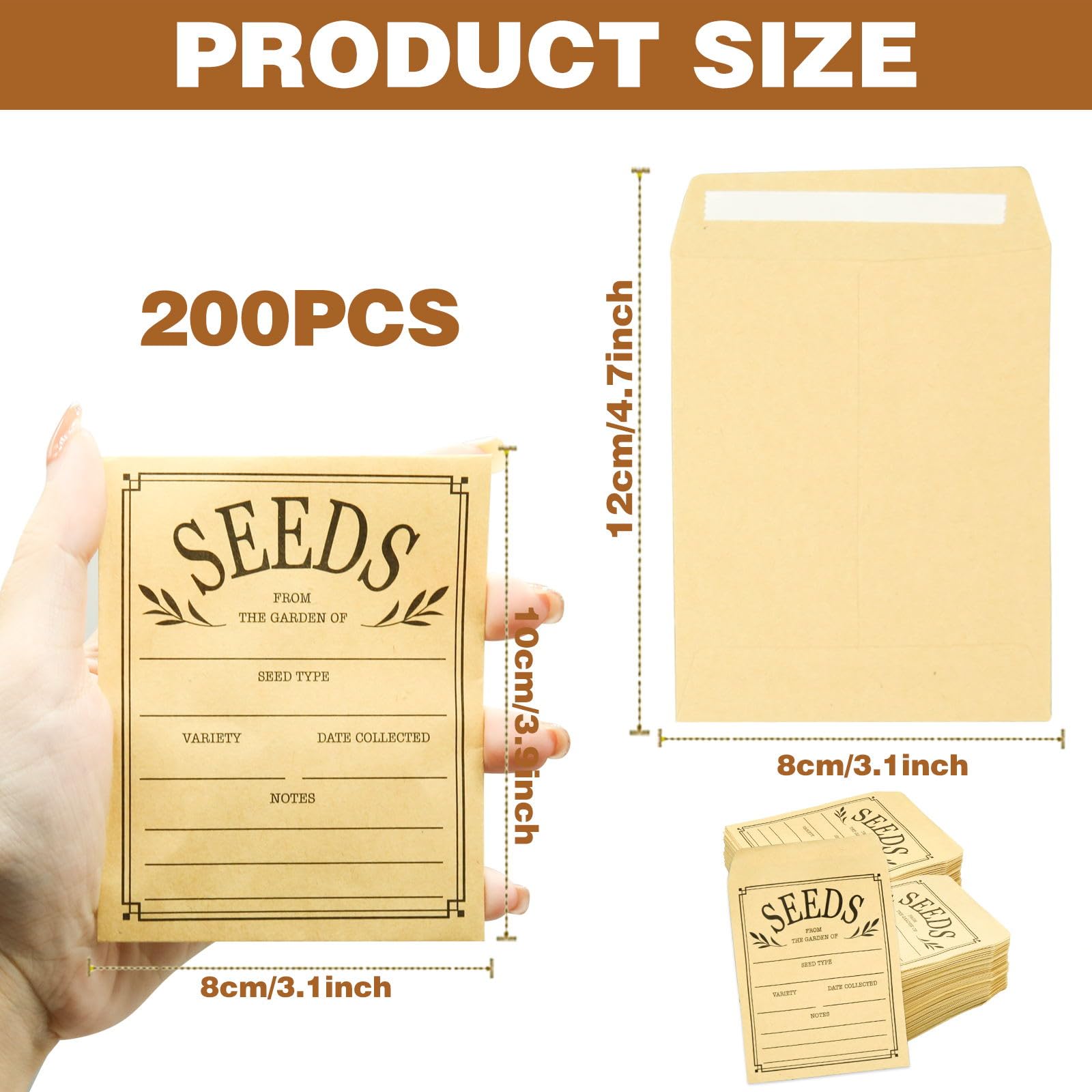 200 Pcs enveloppes de graines, enveloppes de graines refermables, petits paquets de graines, enveloppes de graines en papier marron avec impression, 3,1 x 4,7 pouces, enveloppes scellantes