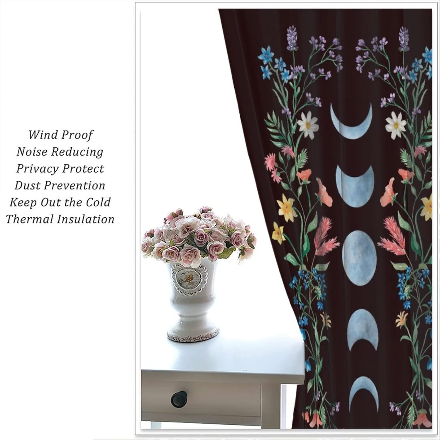 Moon Floral Curtains Blue Flower Wildflower Phase Moonlit Garden Aesthetic Boho Spring Vines Nature 2 Panel Window Treatment Set for Bedroom Living Room Decor 42x63Inch Decor