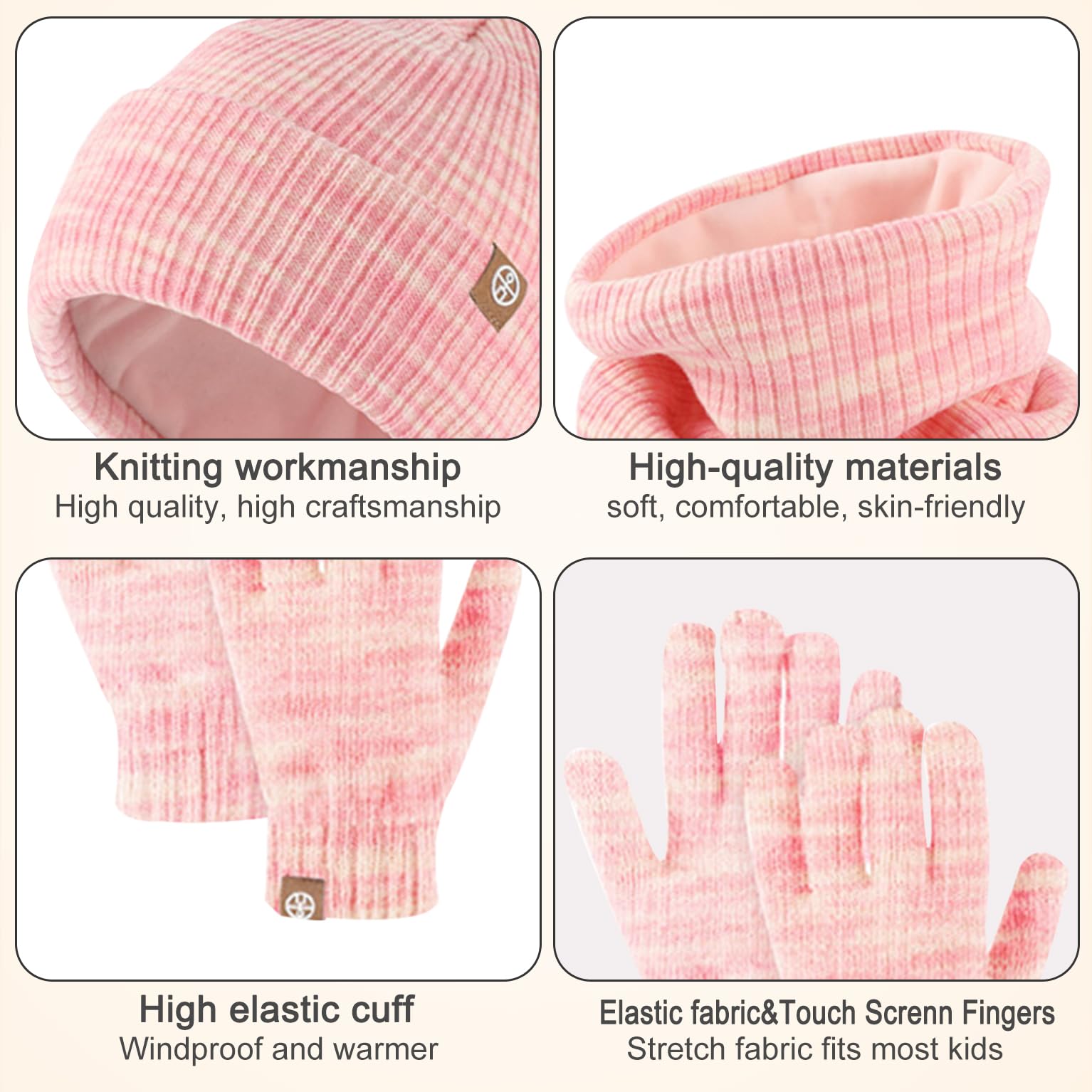 Enwokran Ensemble de Bonnet Écharpe Gants 3 en 1 pour Enfant- Bonnet en Tricot Thermique Tricoté Tour de Cou Chaud Gant Écran Tactile Set Accessoires D'hiver pour Fille Garçon 5-12