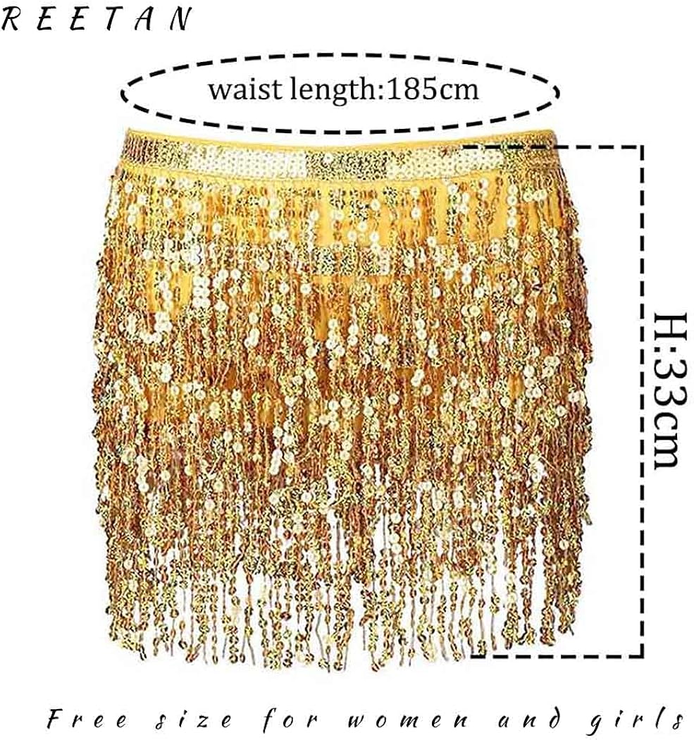 REETAN Boho Belly Skirt Sequins Belly Hip Scarf Tassel Fringe Skirt Rave Party Dance Performance Costume for Women and Girls (B-Pink) : Beauty & Personal Care