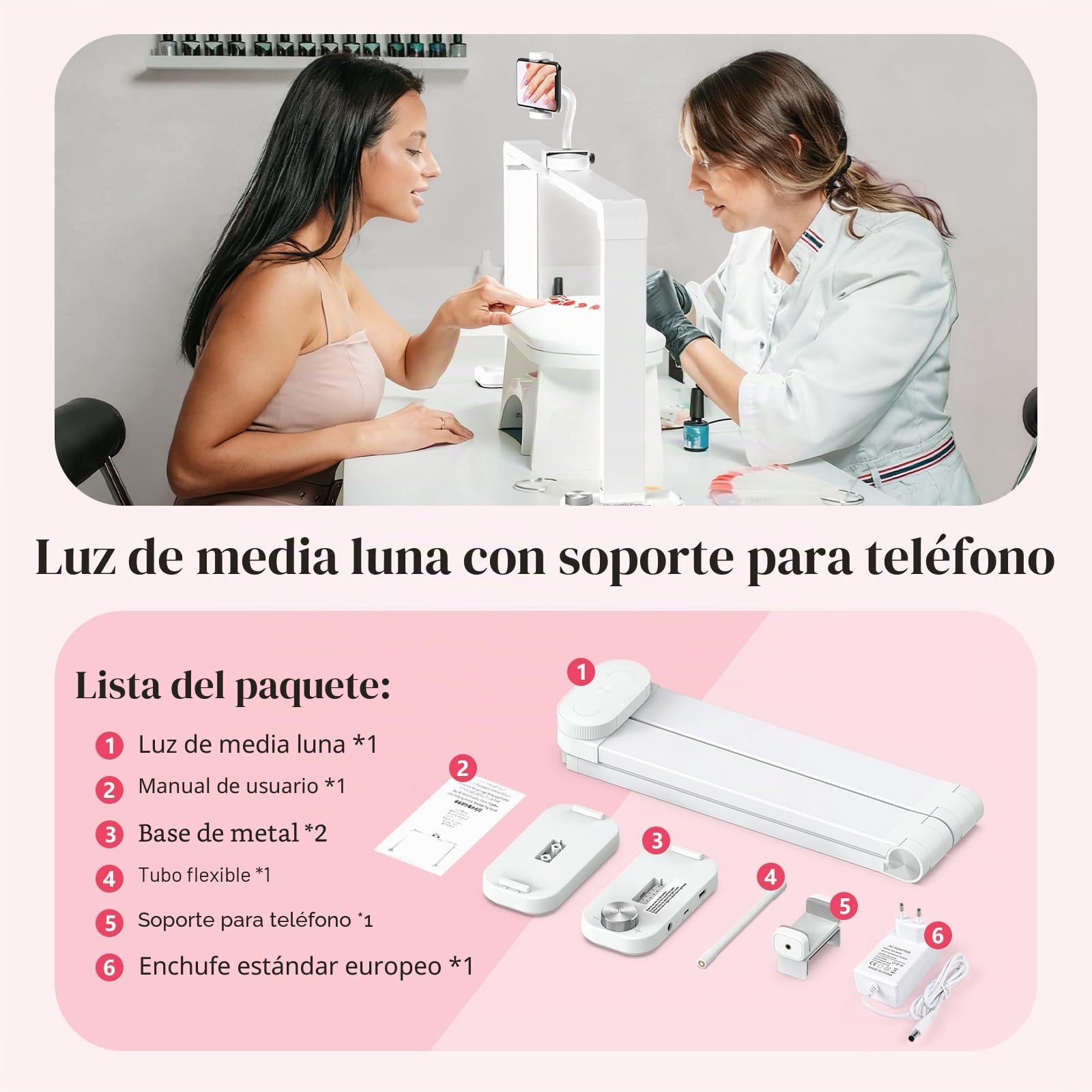 Media Luna Lámpara para Uñas: 34" Lampara Media Luna con Soporte - 3 Modos de Color y 10 Niveles de Brillo Ajustables para Manicura (Blanco)