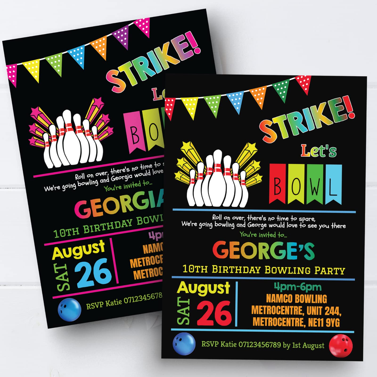 Personal Moments Girls Brown 10 Personalised Birthday Bowling Party Boy Kids Invites Invitation + Envs